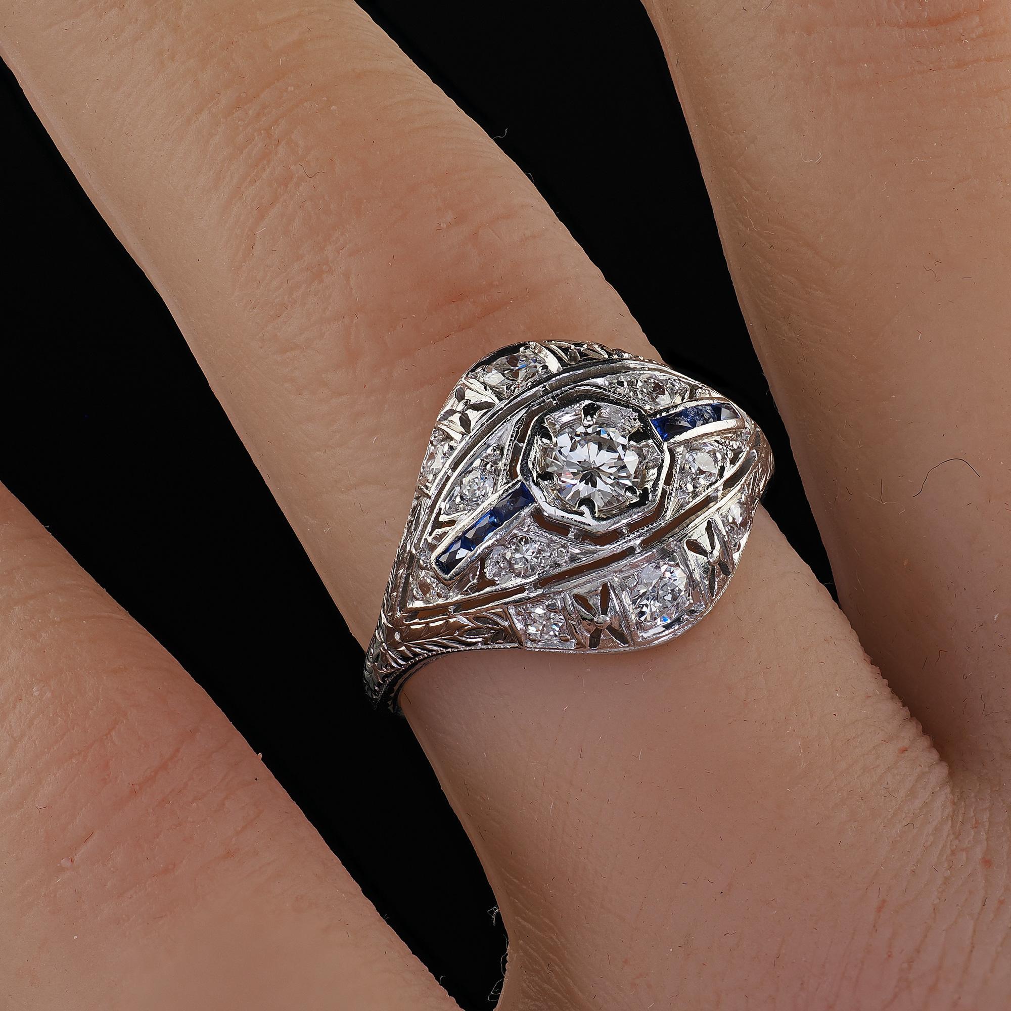 Antique Art Deco Platinum Old Cut Diamond and Sapphire Engagement Ring For Sale 5