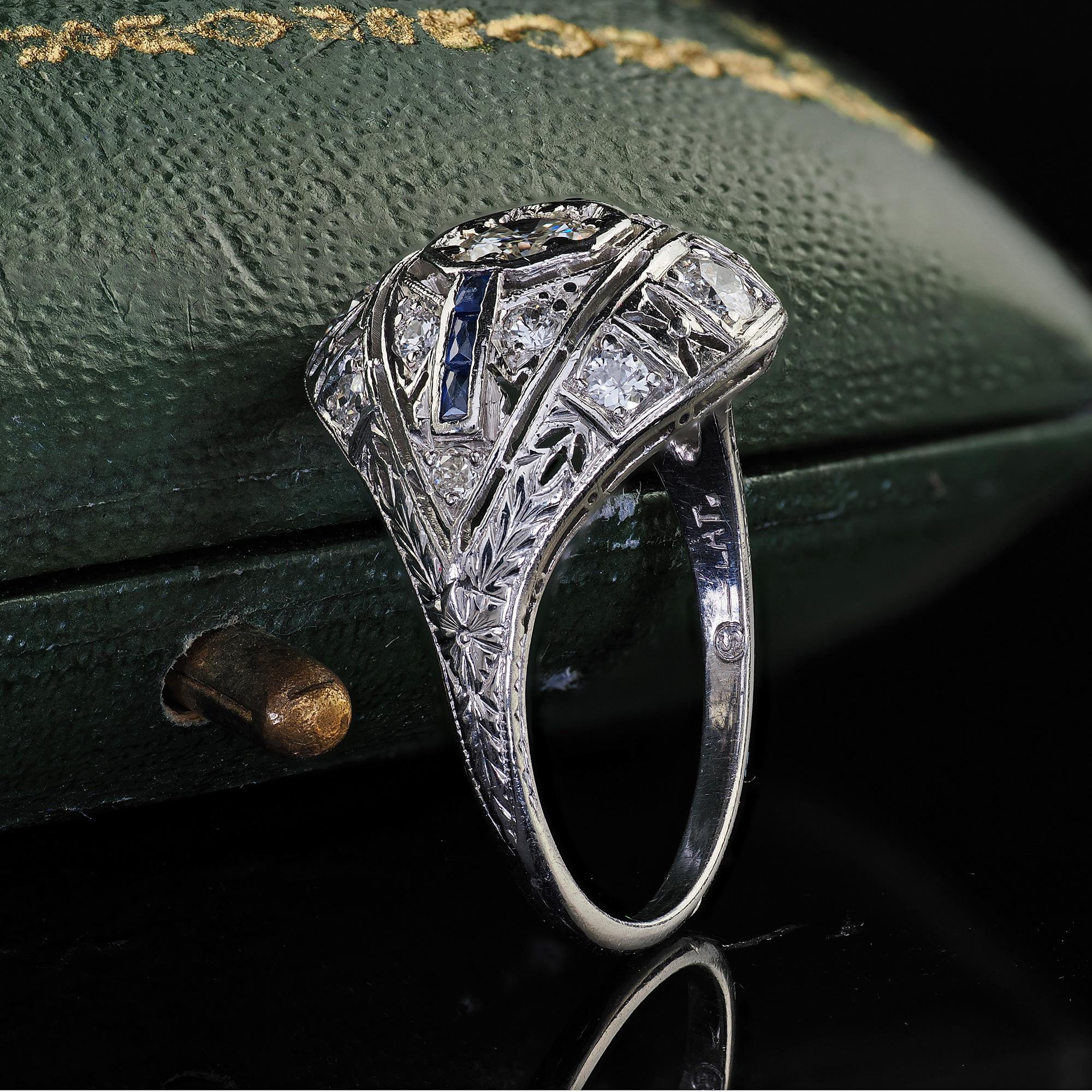 Old European Cut Antique Art Deco Platinum Old Cut Diamond and Sapphire Engagement Ring For Sale