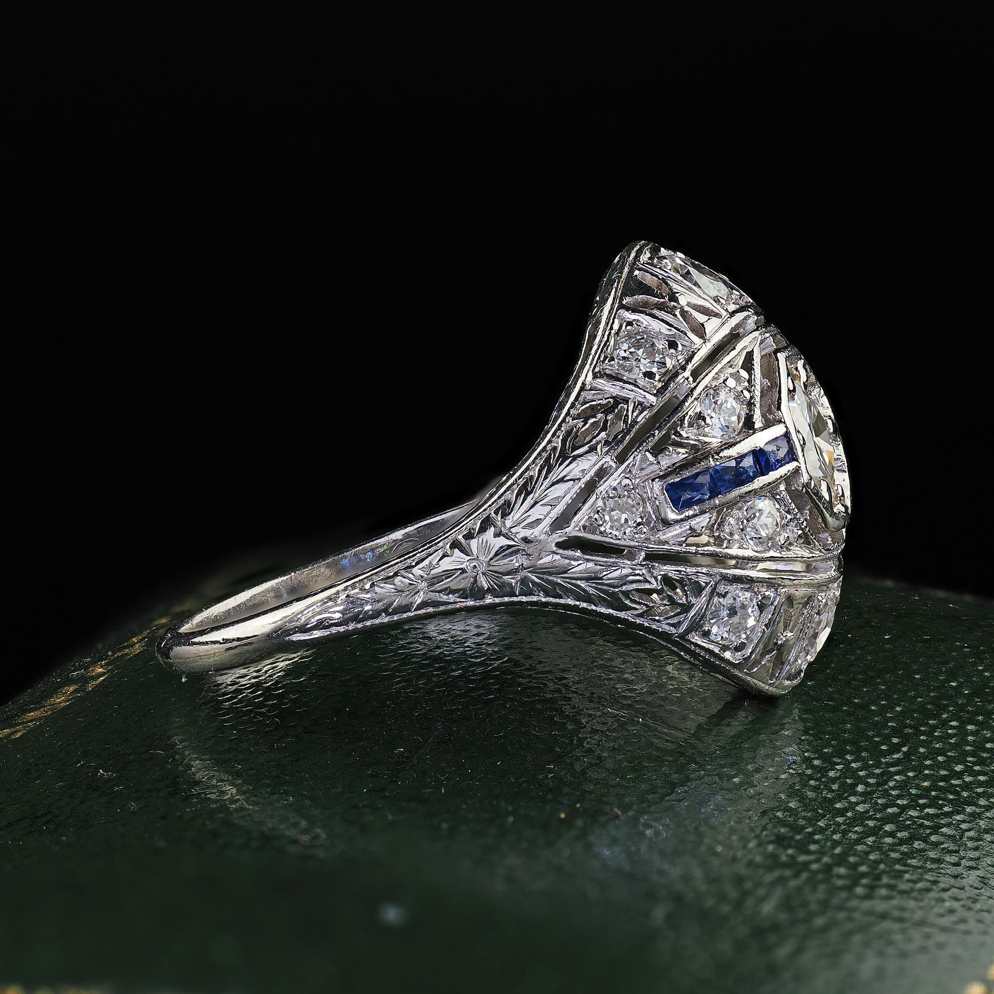 Antique Art Deco Platinum Old Cut Diamond and Sapphire Engagement Ring In Good Condition For Sale In Great Neck, NY