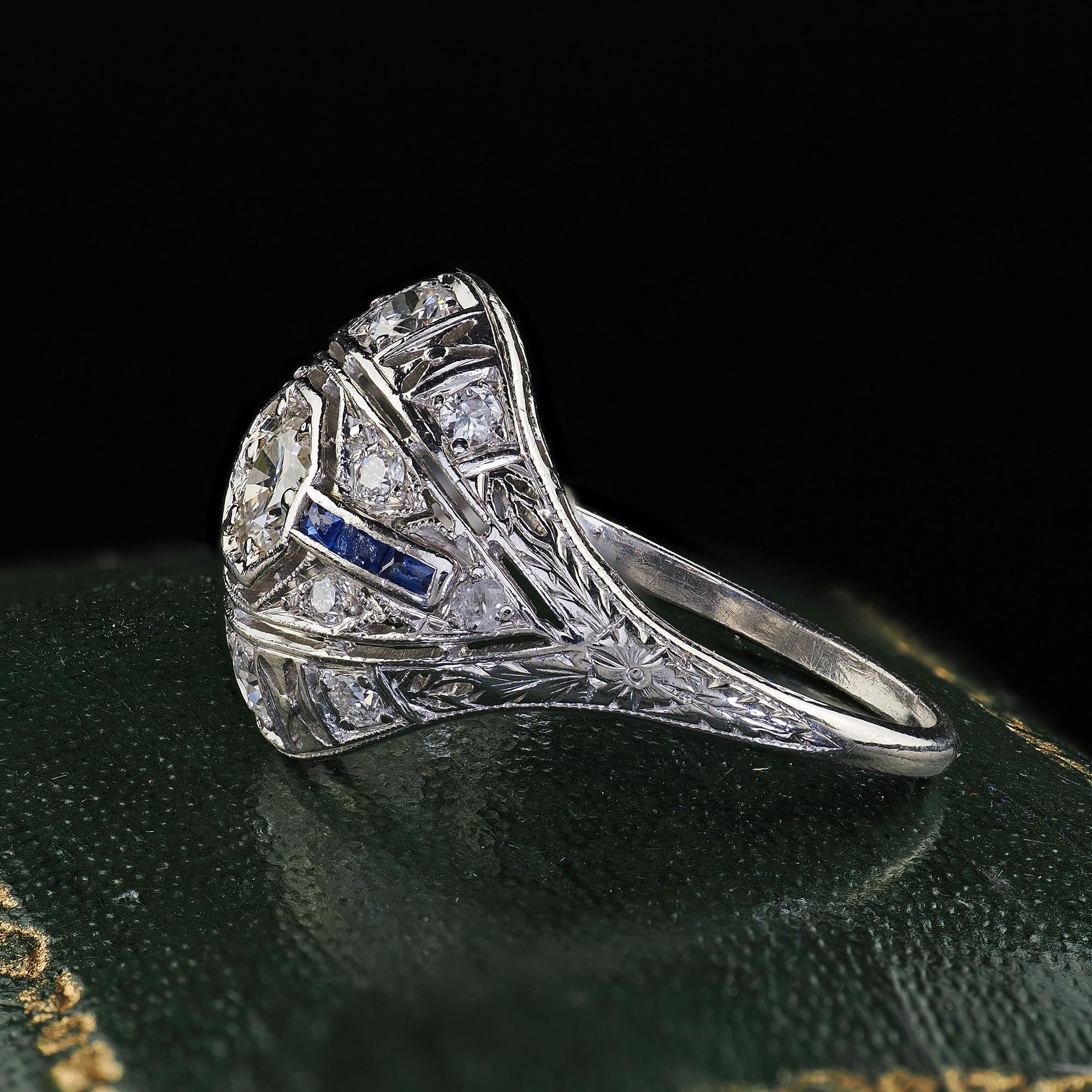 Women's Antique Art Deco Platinum Old Cut Diamond and Sapphire Engagement Ring For Sale