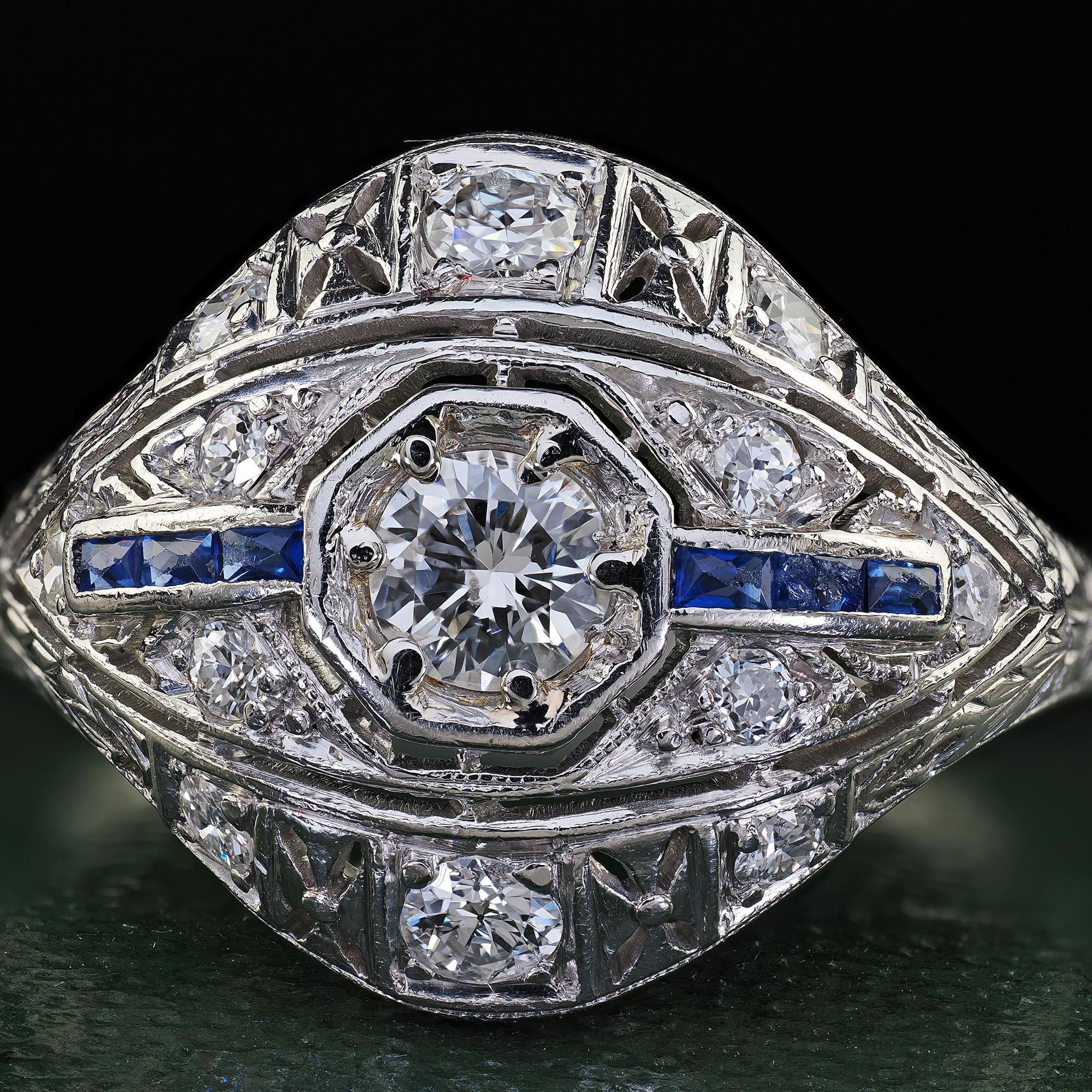 Antique Art Deco Platinum Old Cut Diamond and Sapphire Engagement Ring For Sale 1