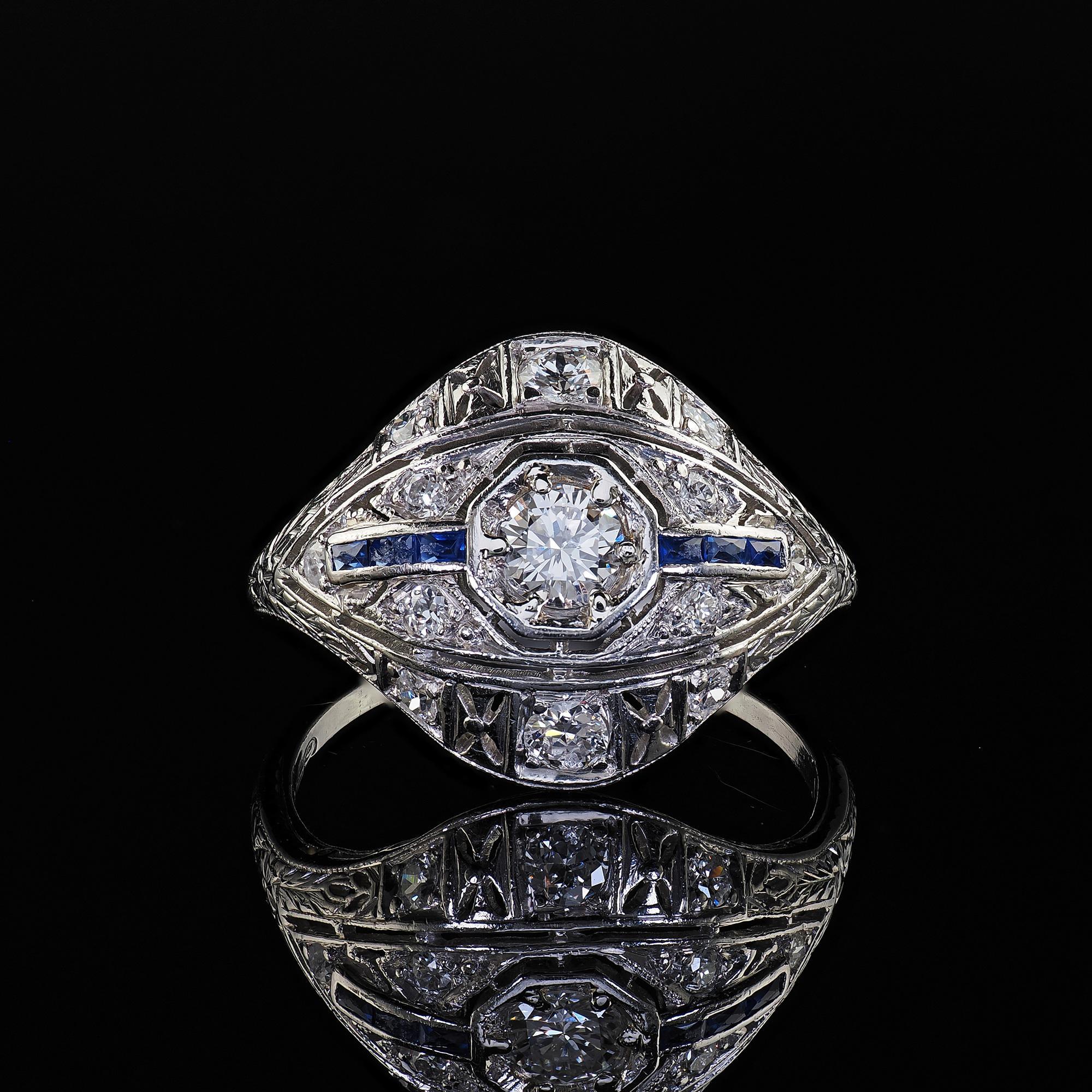 Antique Art Deco Platinum Old Cut Diamond and Sapphire Engagement Ring For Sale 2