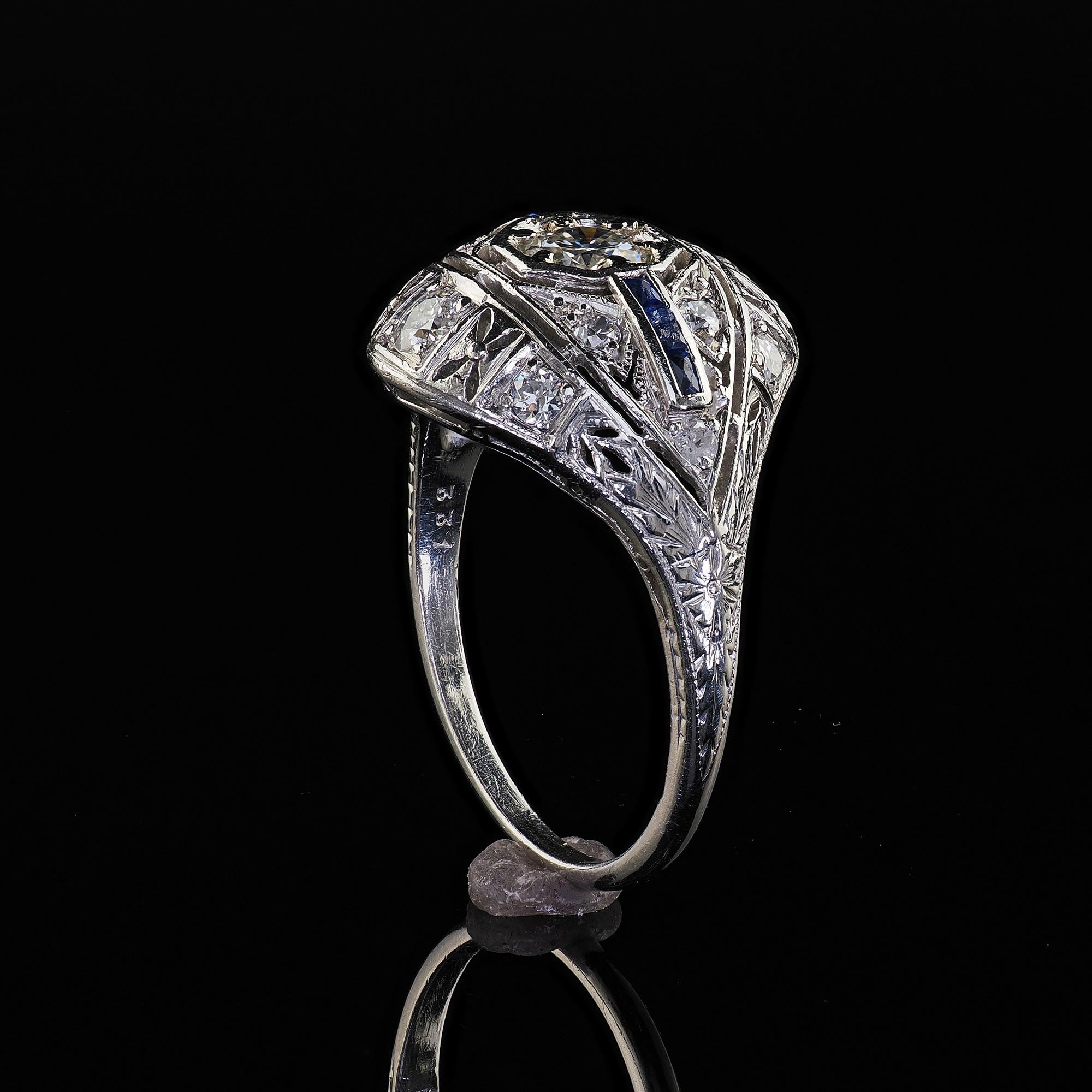 Antique Art Deco Platinum Old Cut Diamond and Sapphire Engagement Ring For Sale 4