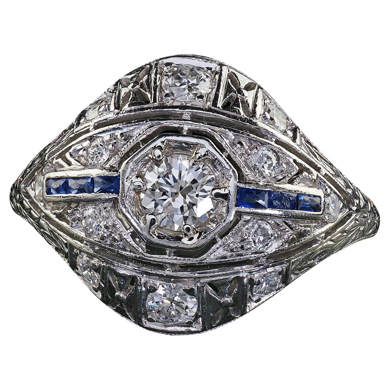Antique Art Deco Platinum Old Cut Diamond and Sapphire Engagement Ring