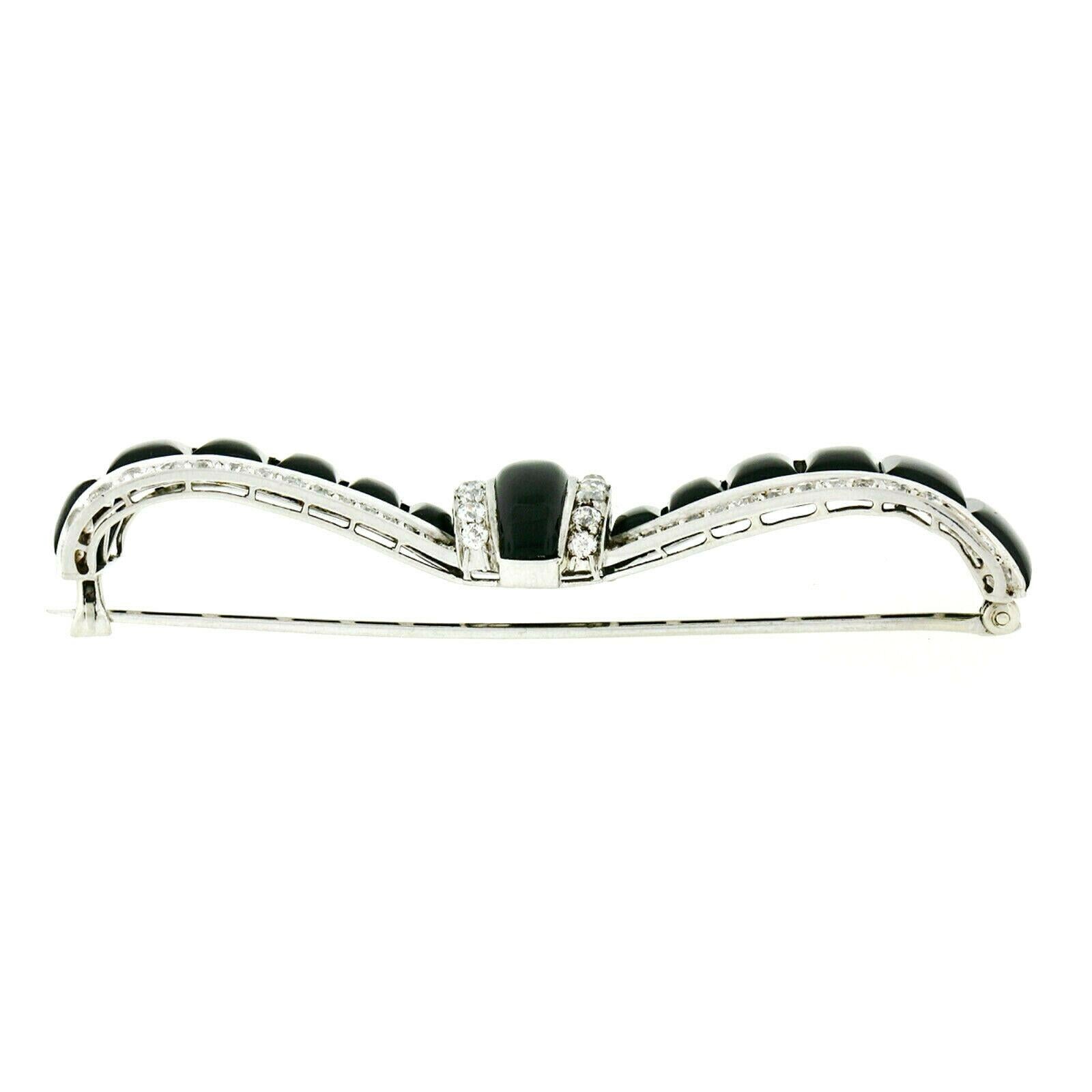 Old European Cut Antique Art Deco Platinum Old Cut Diamond Black Onyx Bow Ribbon Large Pin Brooch