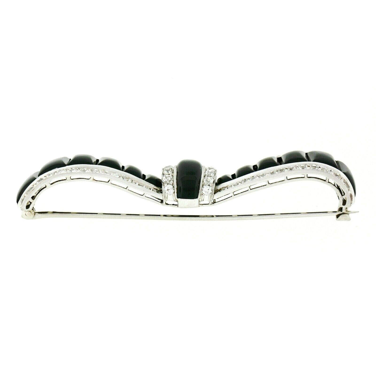 Antique Art Deco Platinum Old Cut Diamond Black Onyx Bow Ribbon Large Pin Brooch In Excellent Condition In Montclair, NJ