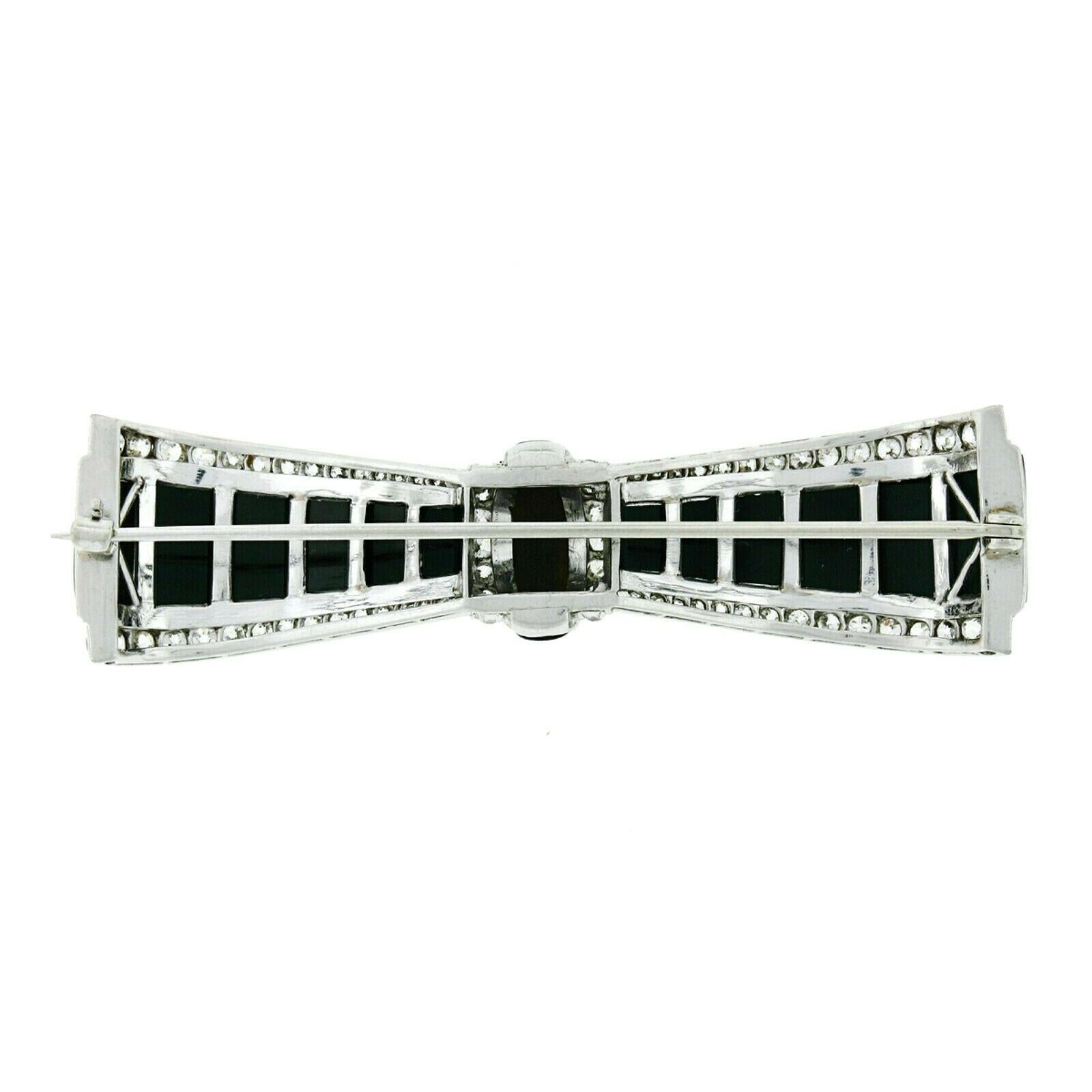 Women's or Men's Antique Art Deco Platinum Old Cut Diamond Black Onyx Bow Ribbon Large Pin Brooch
