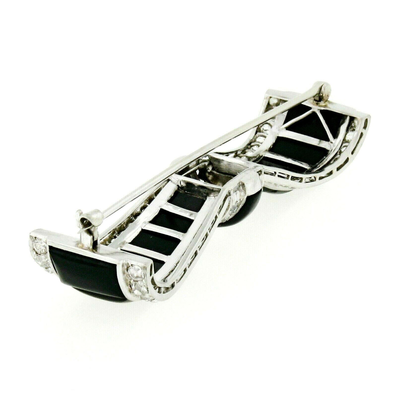 Antique Art Deco Platinum Old Cut Diamond Black Onyx Bow Ribbon Large Pin Brooch 1