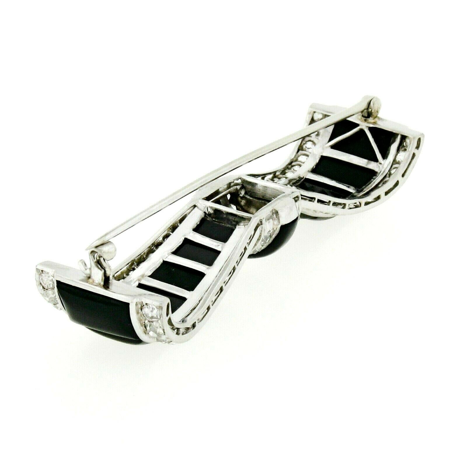 Antique Art Deco Platinum Old Cut Diamond Black Onyx Bow Ribbon Large Pin Brooch 2