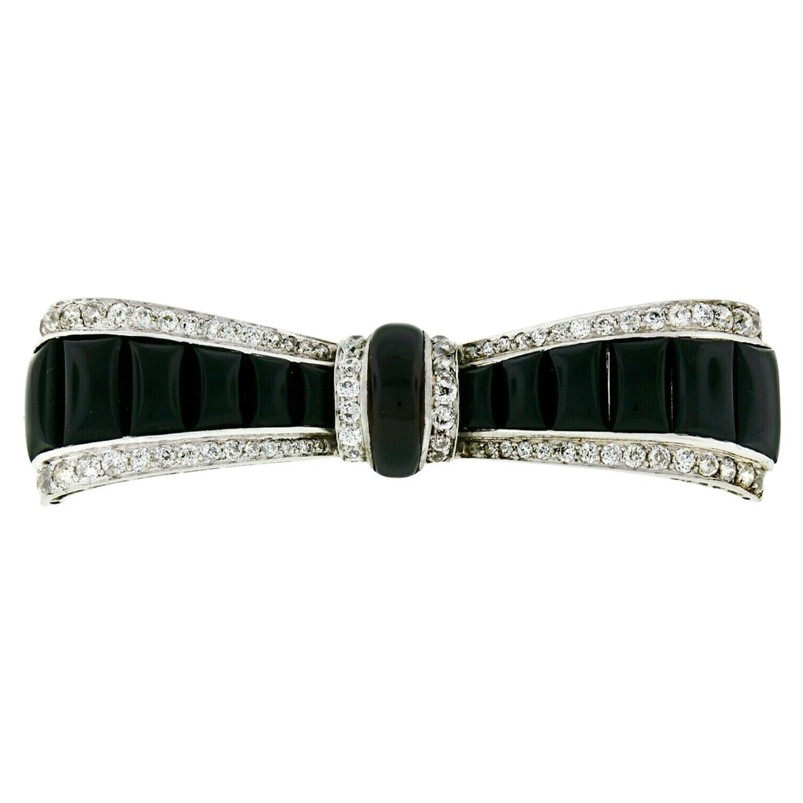 Antique Art Deco Platinum Old Cut Diamond Black Onyx Bow Ribbon Large Pin Brooch