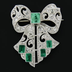Antique Art Deco Platinum Old Cut Diamond & Emerald Large Ribbon Bow Pin Brooch