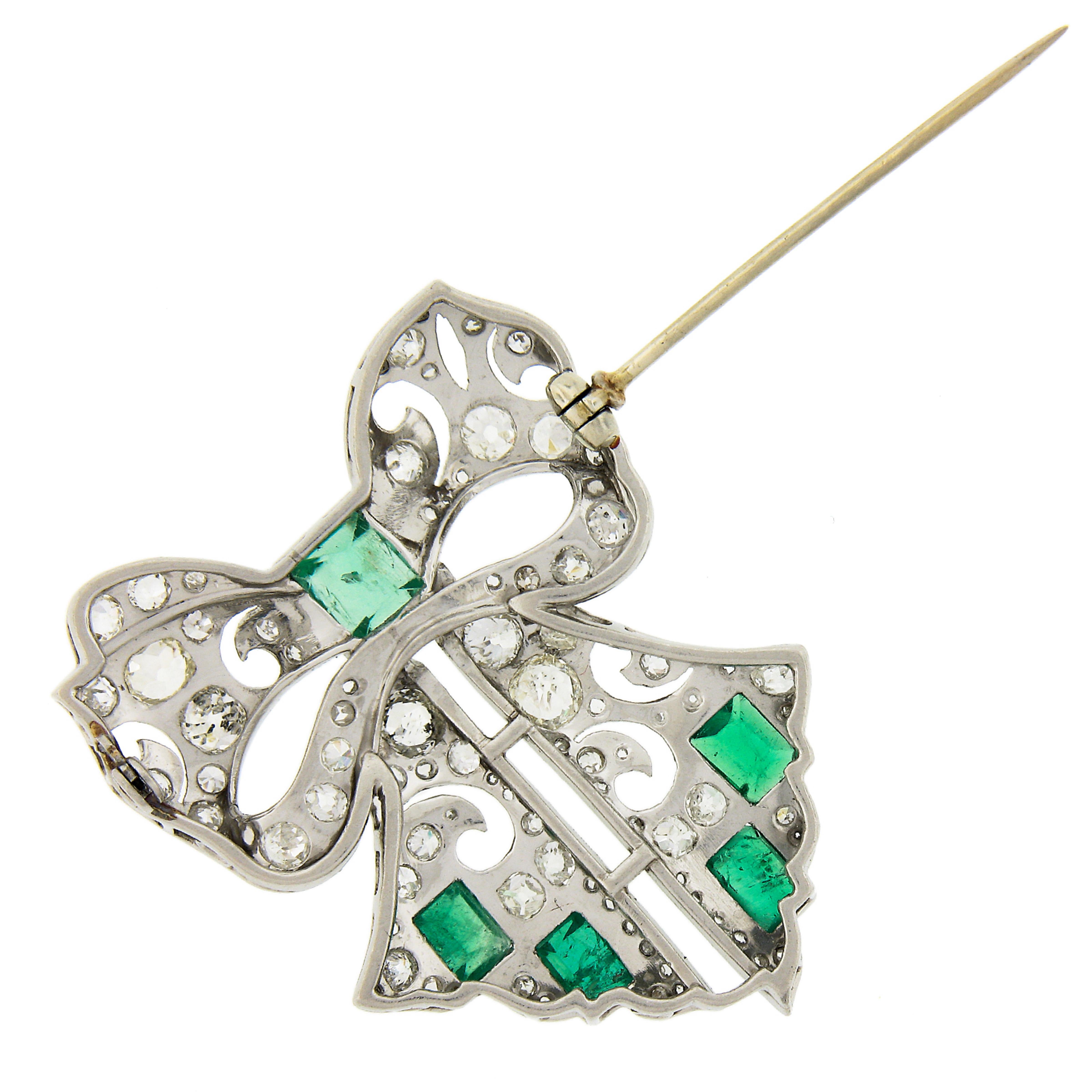 Square Cut Antique Art Deco Platinum Old Cut Diamond & Emerald Large Ribbon Bow Pin Brooch For Sale