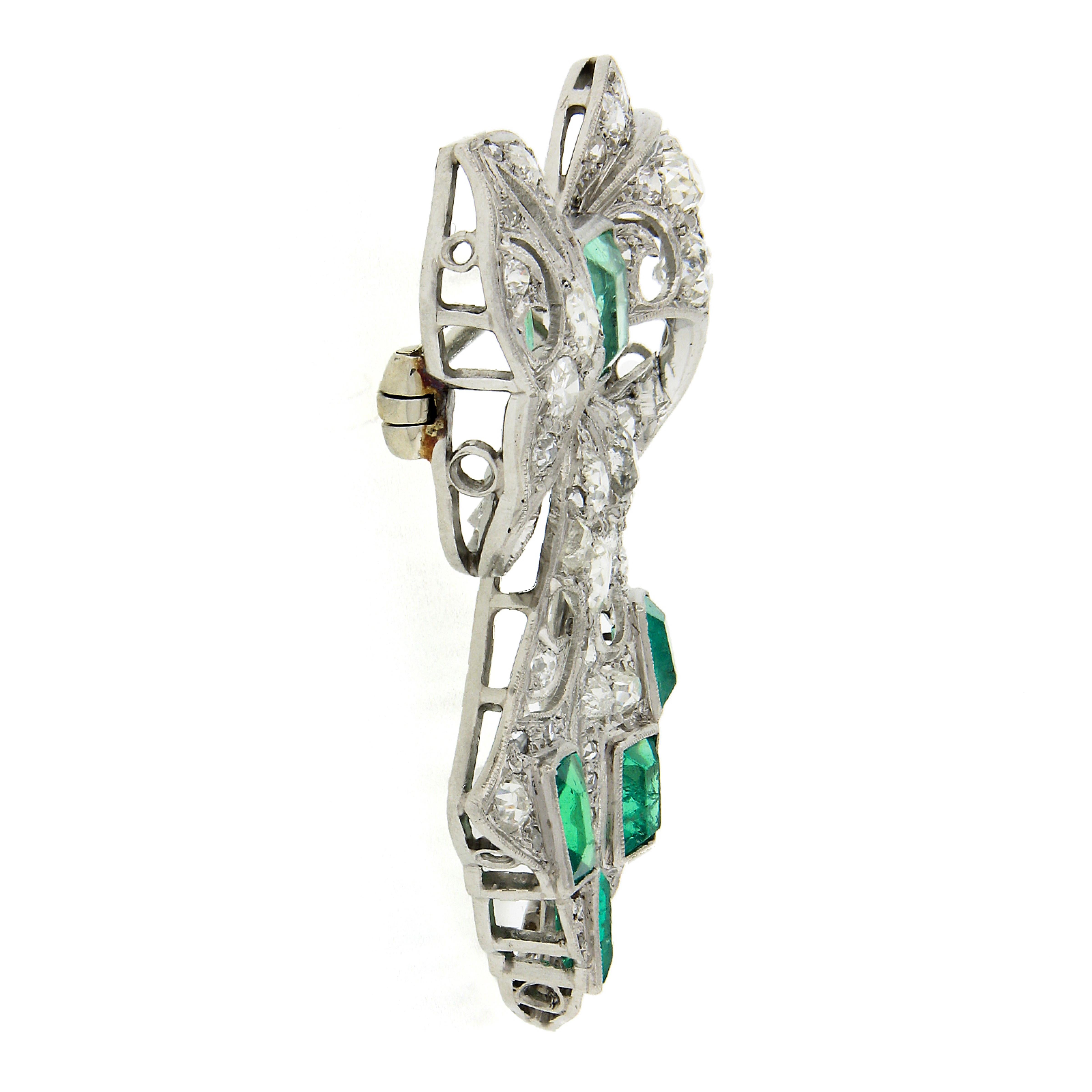 Antique Art Deco Platinum Old Cut Diamond & Emerald Large Ribbon Bow Pin Brooch In Good Condition For Sale In Montclair, NJ