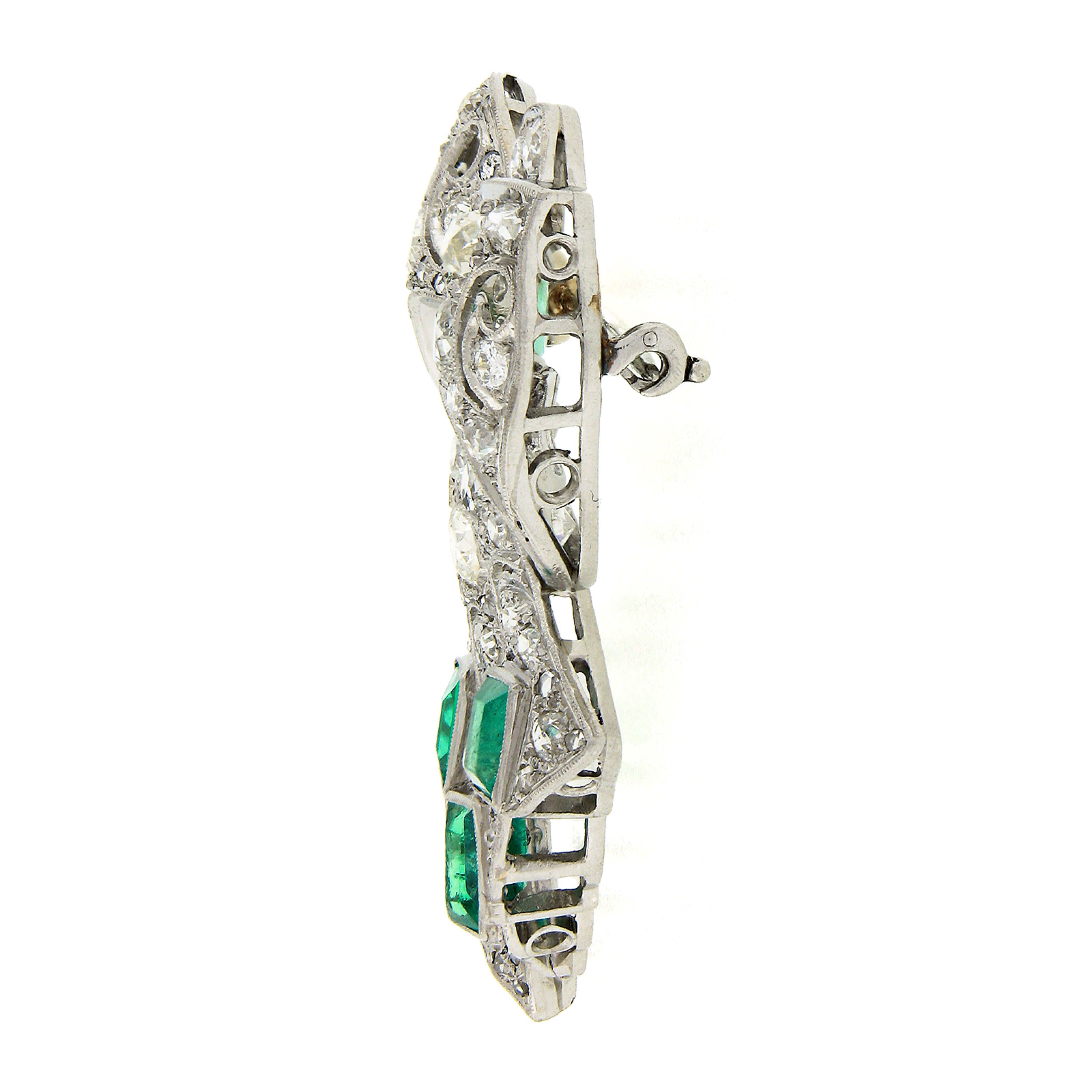 Women's or Men's Antique Art Deco Platinum Old Cut Diamond & Emerald Large Ribbon Bow Pin Brooch For Sale