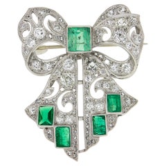Antique Art Deco Platinum Old Cut Diamond & Emerald Large Ribbon Bow Pin Brooch