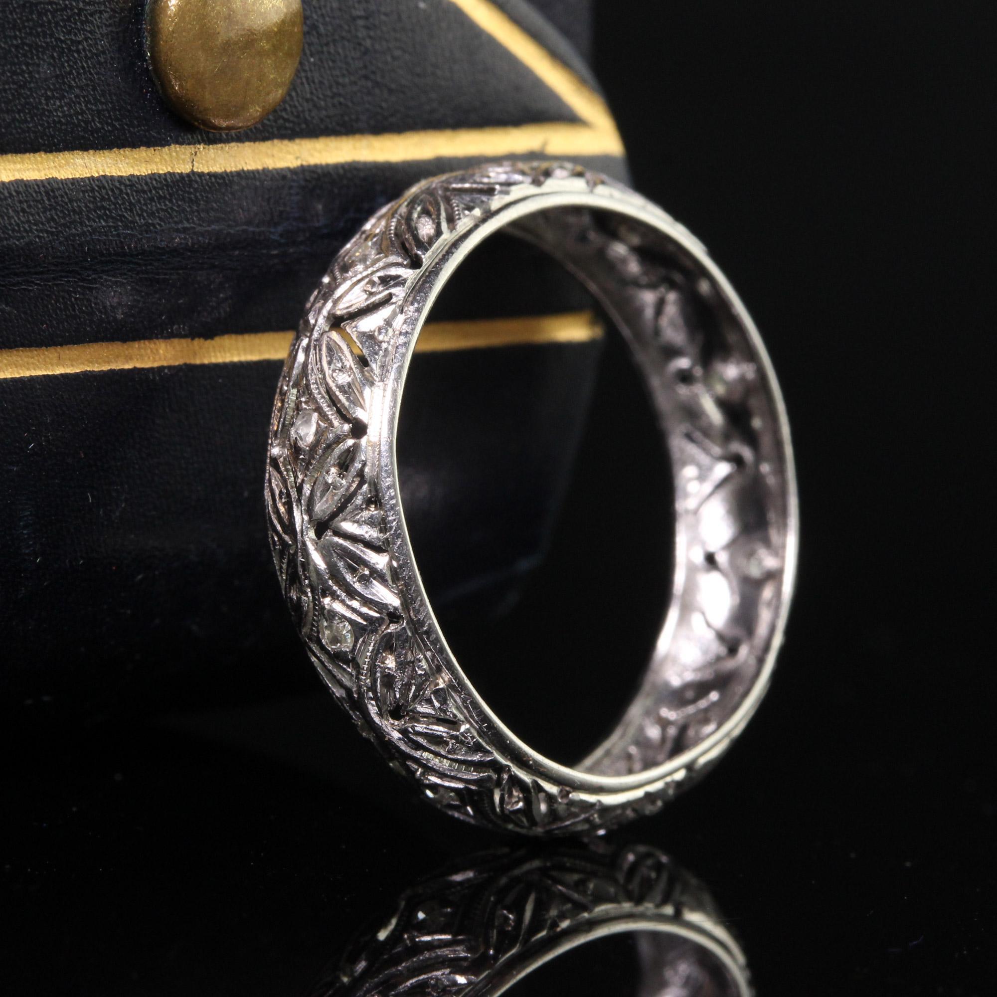 Single Cut Antique Art Deco Platinum Old Cut Diamond Filigree Wedding Band - Size 6 1/2 For Sale