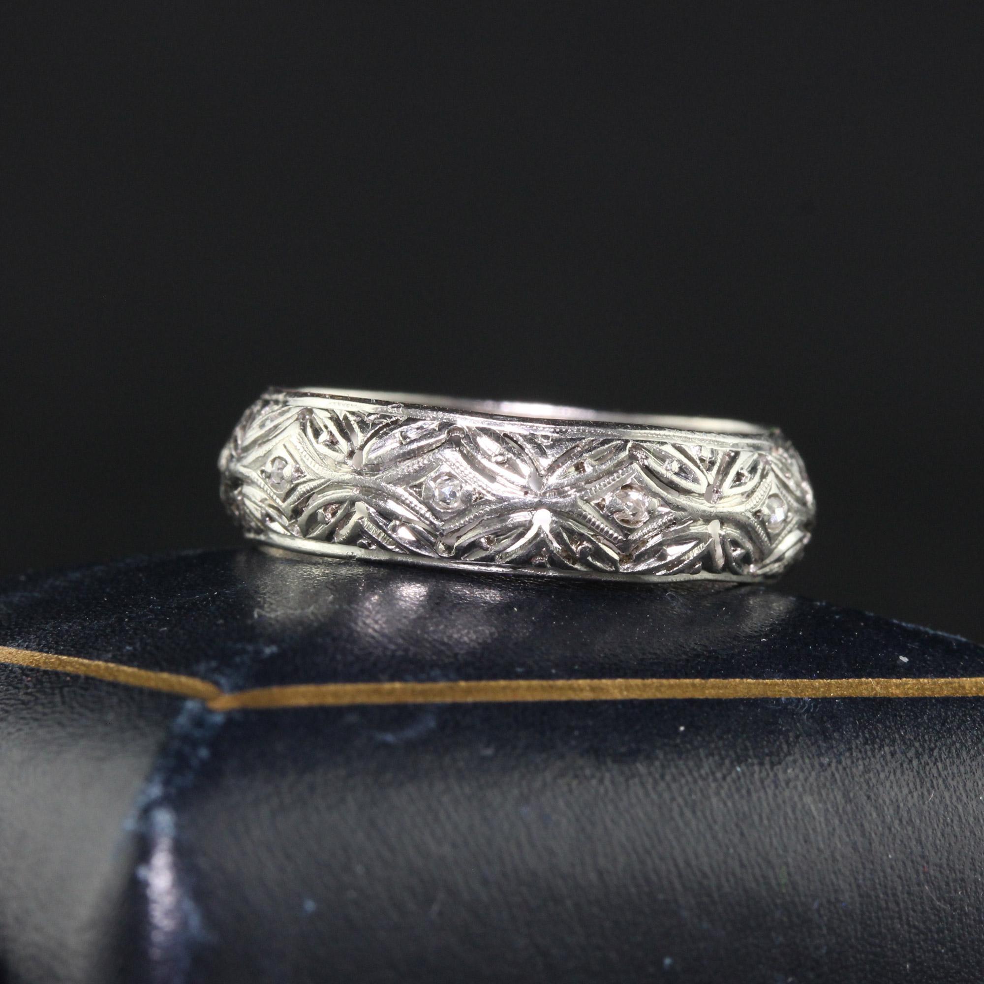 Women's Antique Art Deco Platinum Old Cut Diamond Filigree Wedding Band - Size 6 1/2 For Sale
