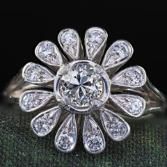 Antique Art Deco Platinum Old Cut Diamond Floral Cocktail Ring