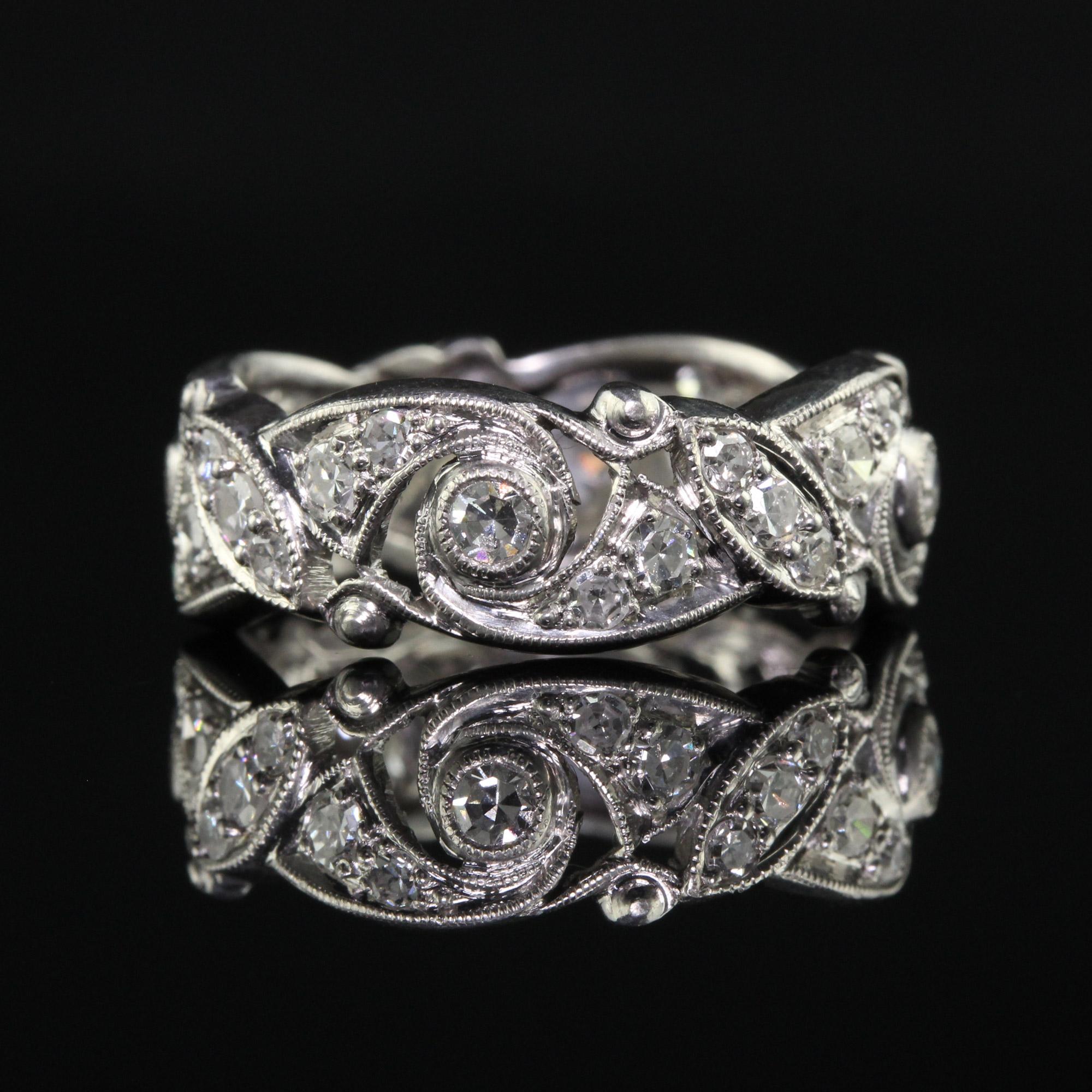 Antique Art Deco Platinum Old Cut Diamond Floral Eternity Wedding Band In Good Condition In Great Neck, NY