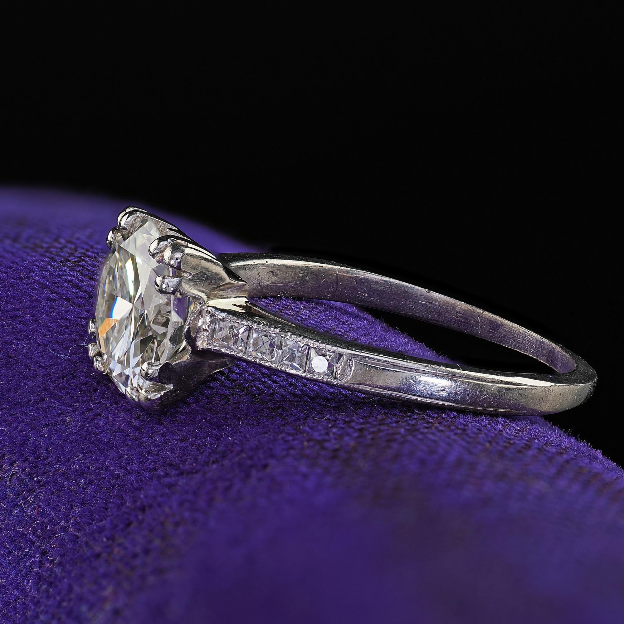 Antique Art Deco Platinum Old Cut Diamond French Cut Engagement Ring - GIA For Sale 1