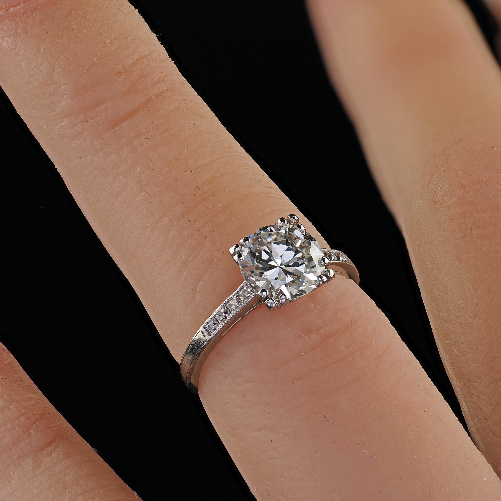Antique Art Deco Platinum Old Cut Diamond French Cut Engagement Ring - GIA For Sale 4