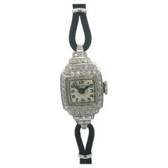 Antique Art Deco Platinum Old Cut Diamond Pyramid Wrist Watch & Black Cord Strap