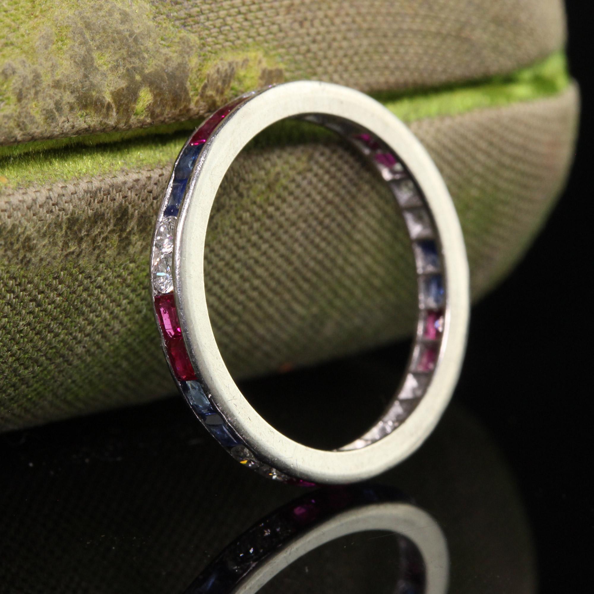 Mixed Cut Antique Art Deco Platinum Old Cut Diamond Ruby and Sapphire Eternity Band For Sale