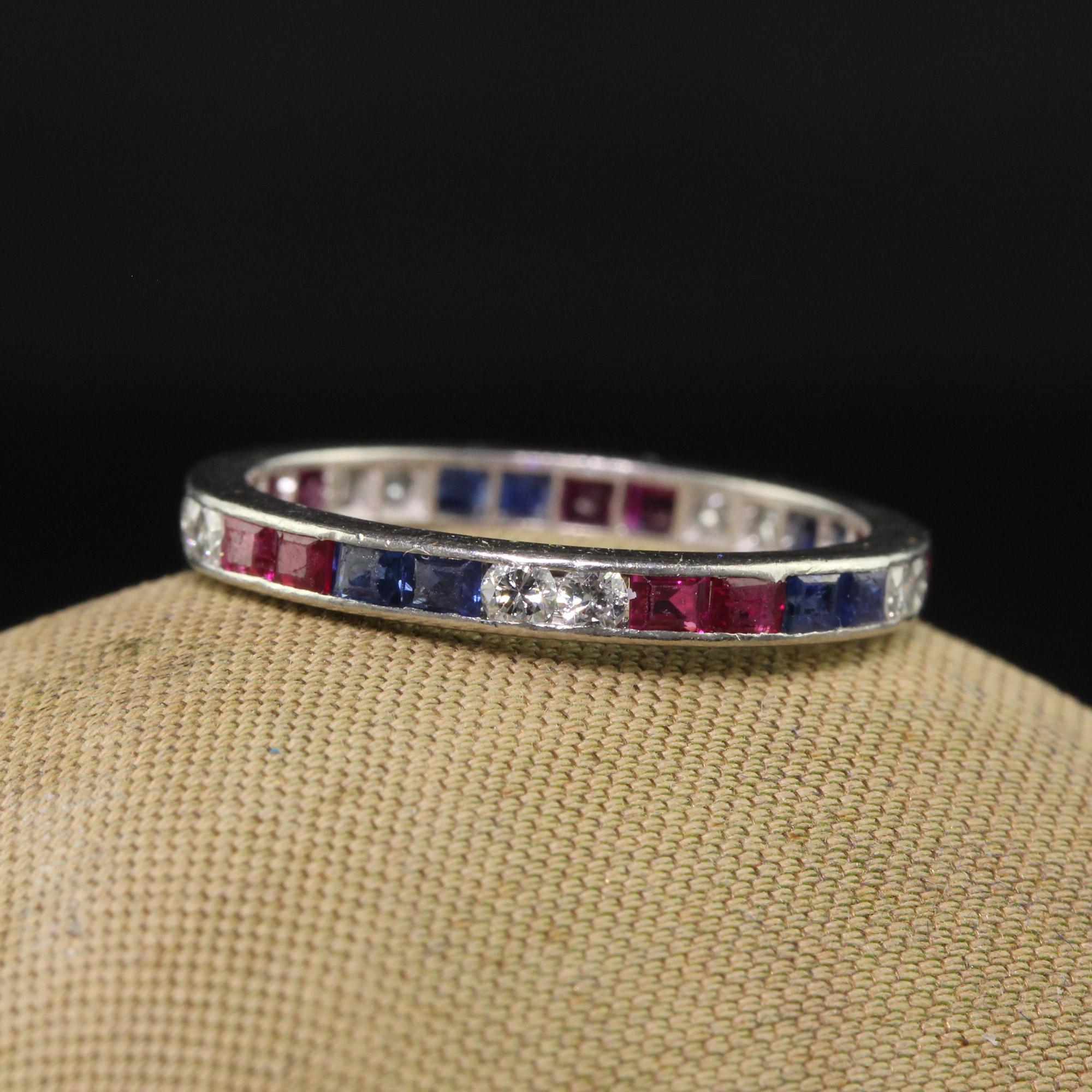 Antique Art Deco Platinum Old Cut Diamond Ruby and Sapphire Eternity Band In Good Condition For Sale In Great Neck, NY