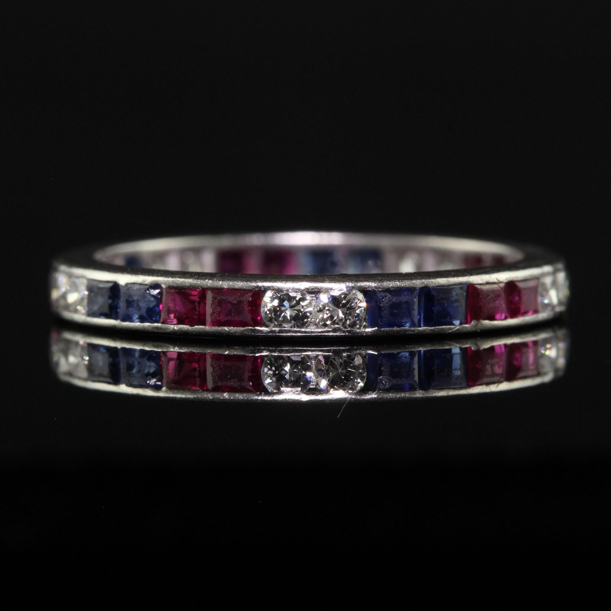 Antique Art Deco Platinum Old Cut Diamond Ruby and Sapphire Eternity Band For Sale 1