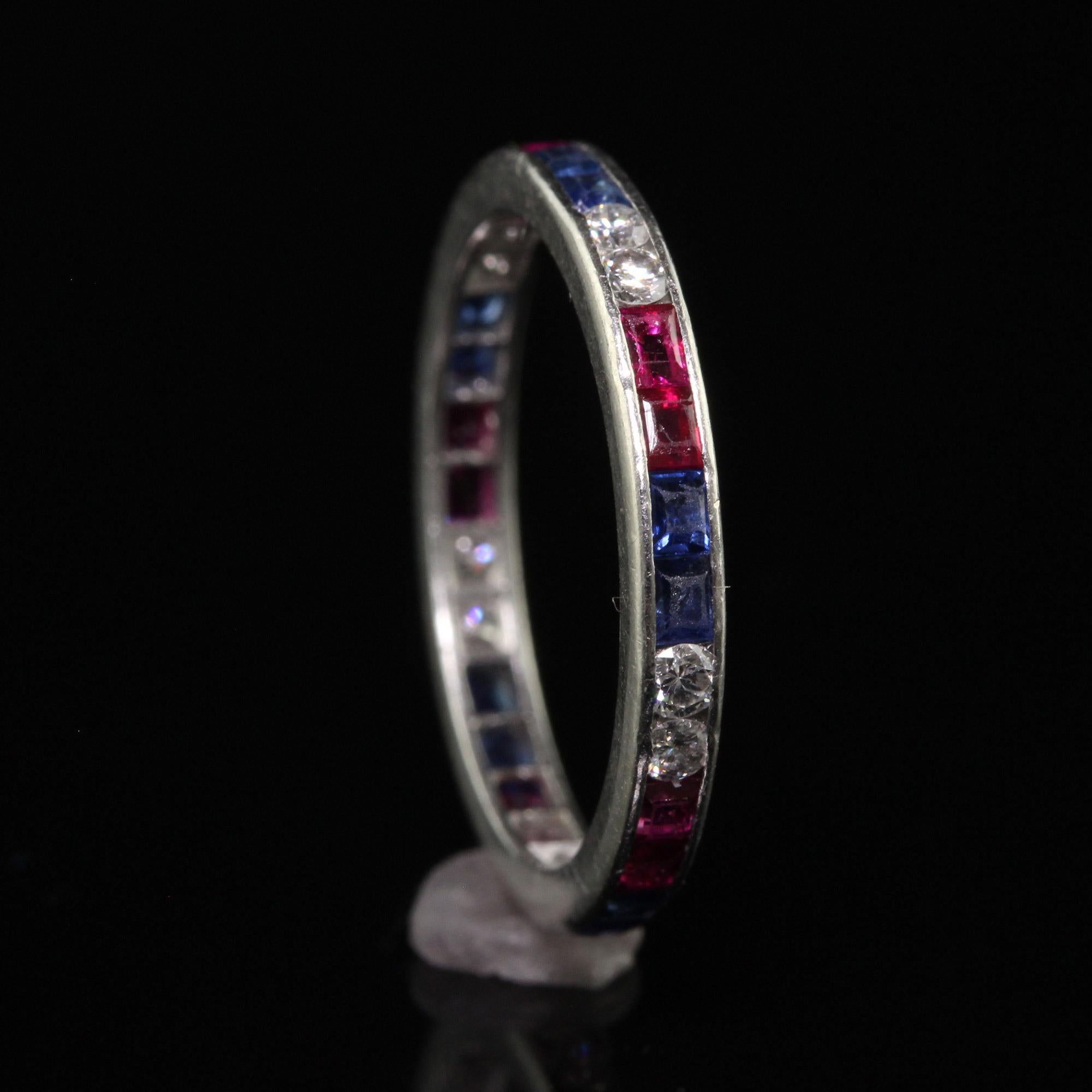 Antique Art Deco Platinum Old Cut Diamond Ruby and Sapphire Eternity Band For Sale 2