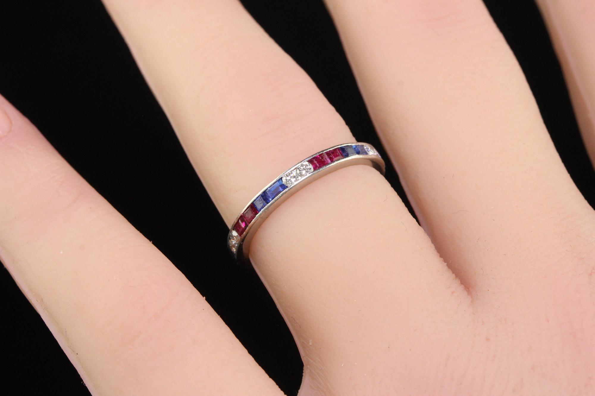 Antique Art Deco Platinum Old Cut Diamond Ruby and Sapphire Eternity Band For Sale 3