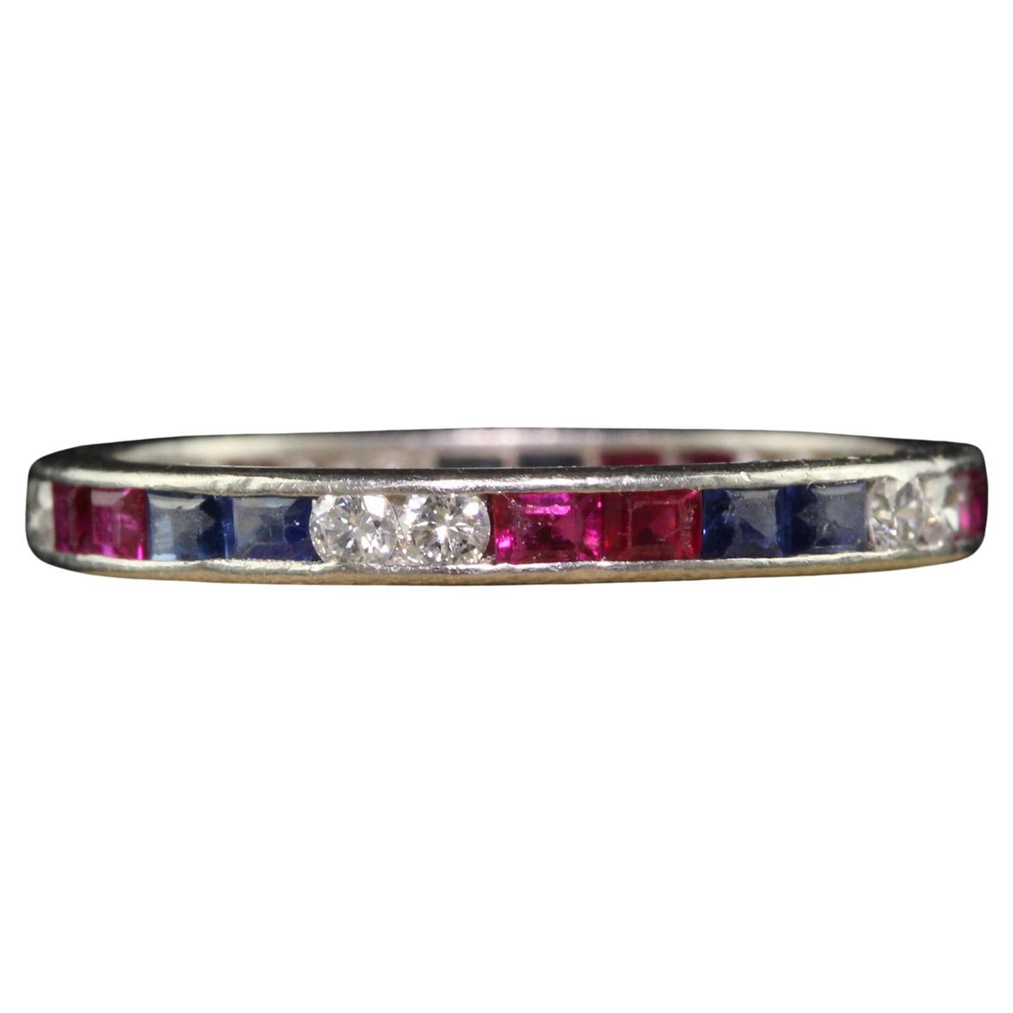 Antique Art Deco Platinum Old Cut Diamond Ruby and Sapphire Eternity Band For Sale