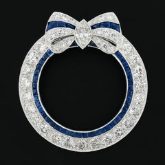 Antique Art Deco Platinum Old Cut Diamond & Sapphire Ribbon Circle Wreath Brooch