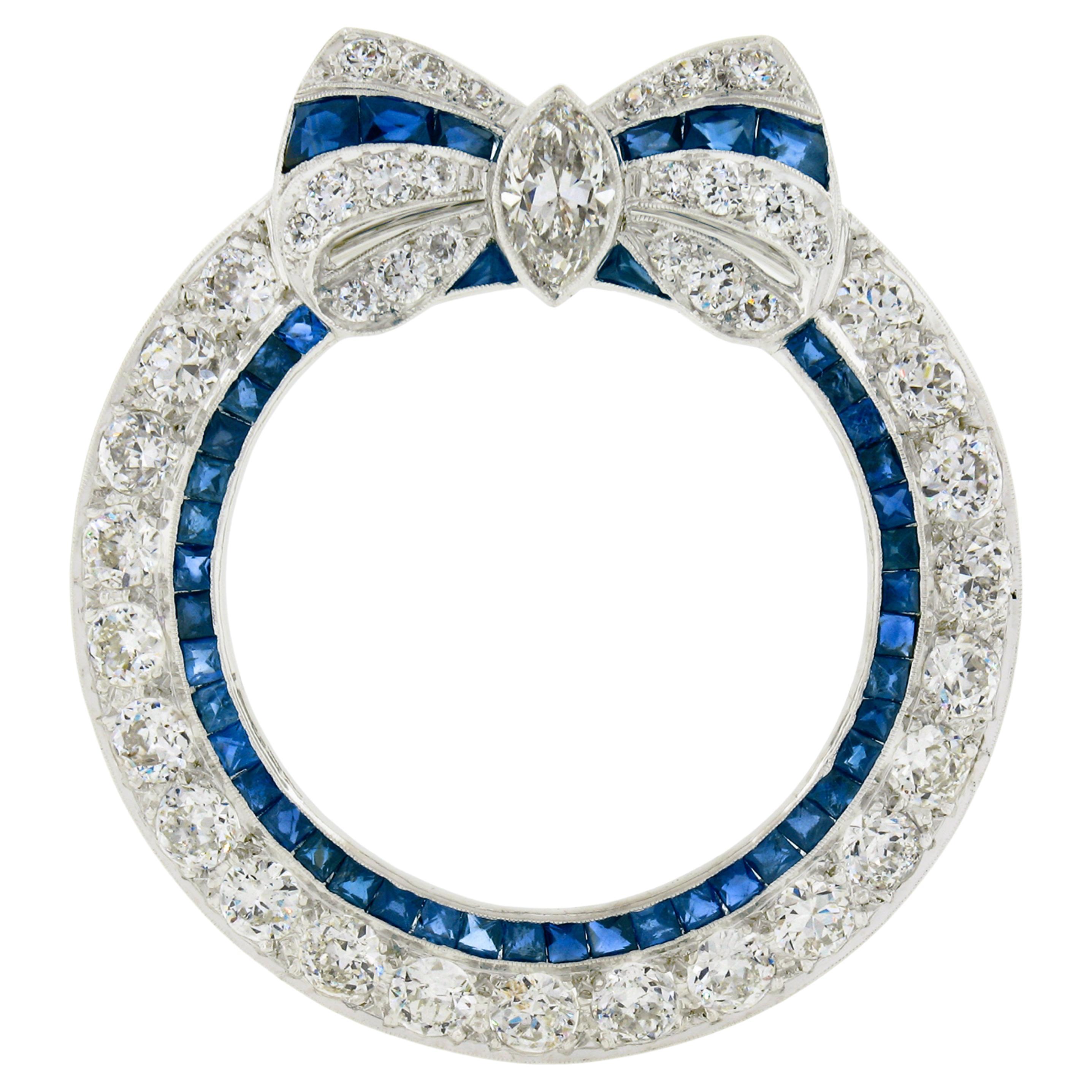 Broche couronne Art déco ancienne en platine avec ruban de diamants et saphirs taille ancienne