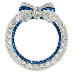 Antique Art Deco Platinum Old Cut Diamond & Sapphire Ribbon Circle Wreath Brooch