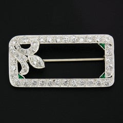 Antique Art Deco Platinum Old Cut Diamond w/ Emeralds Open Geometric Brooch Pin