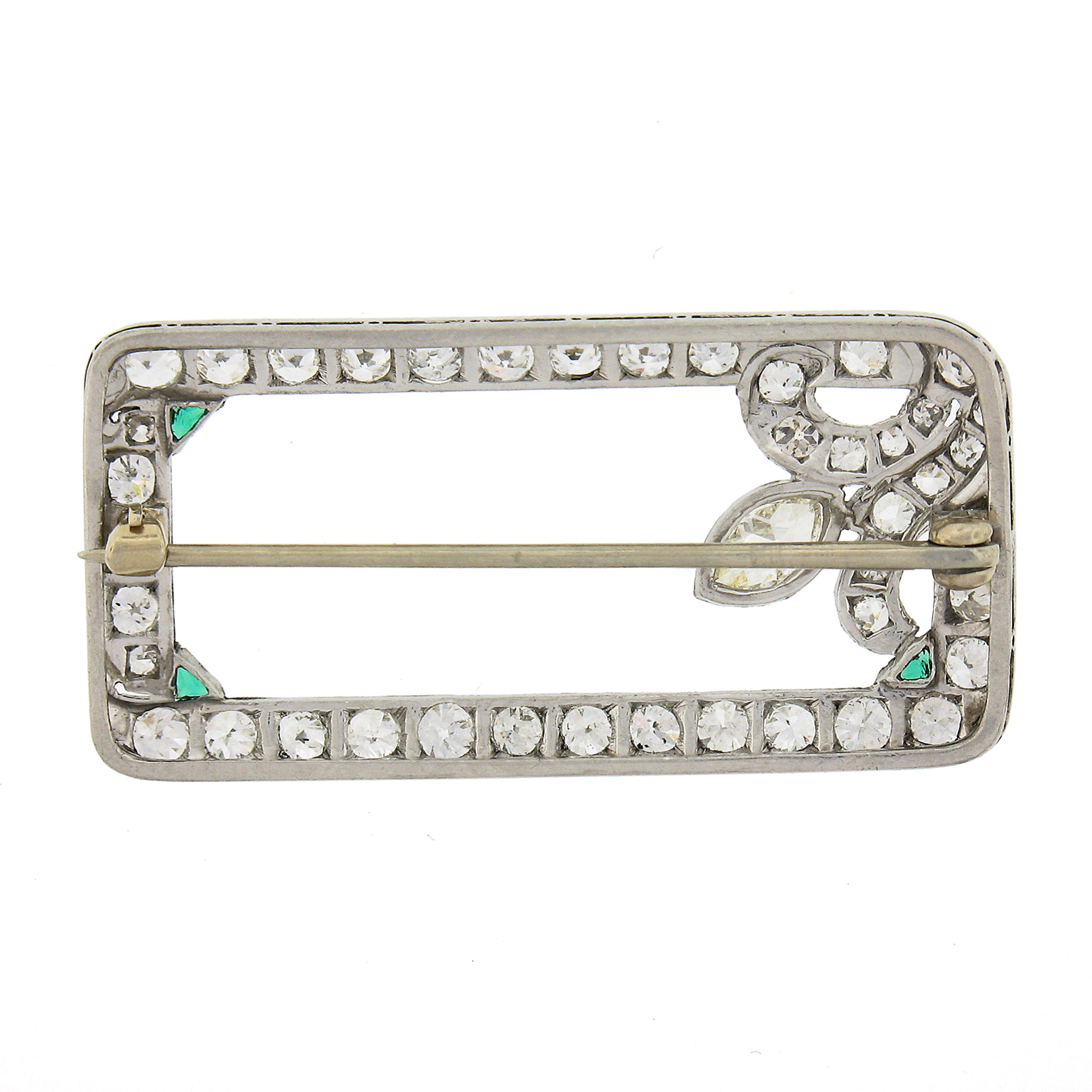Marquise Cut Antique Art Deco Platinum Old Cut Diamond w/ Emeralds Open Geometric Brooch Pin For Sale