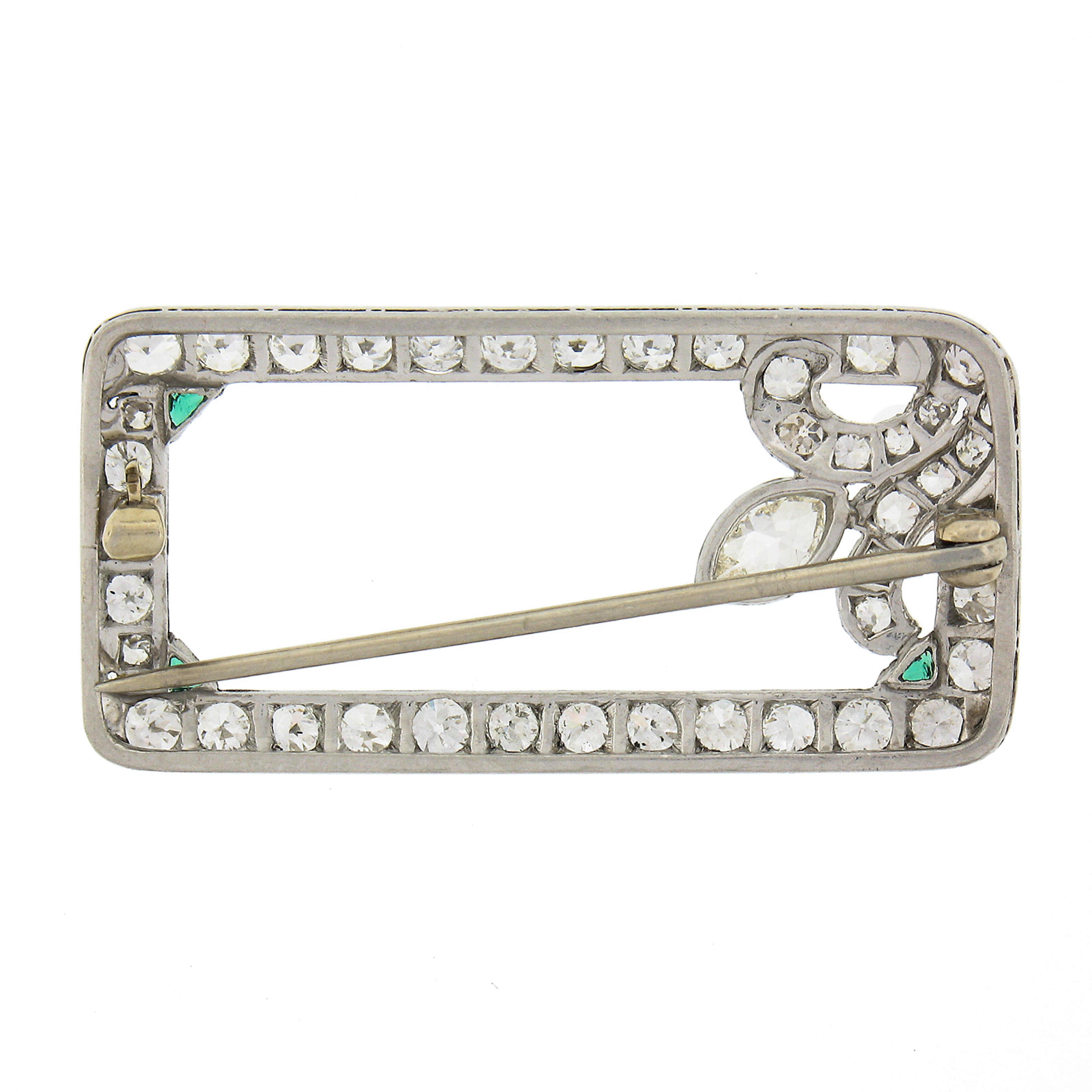 Antique Art Deco Platinum Old Cut Diamond w/ Emeralds Open Geometric Brooch Pin In Good Condition For Sale In Montclair, NJ