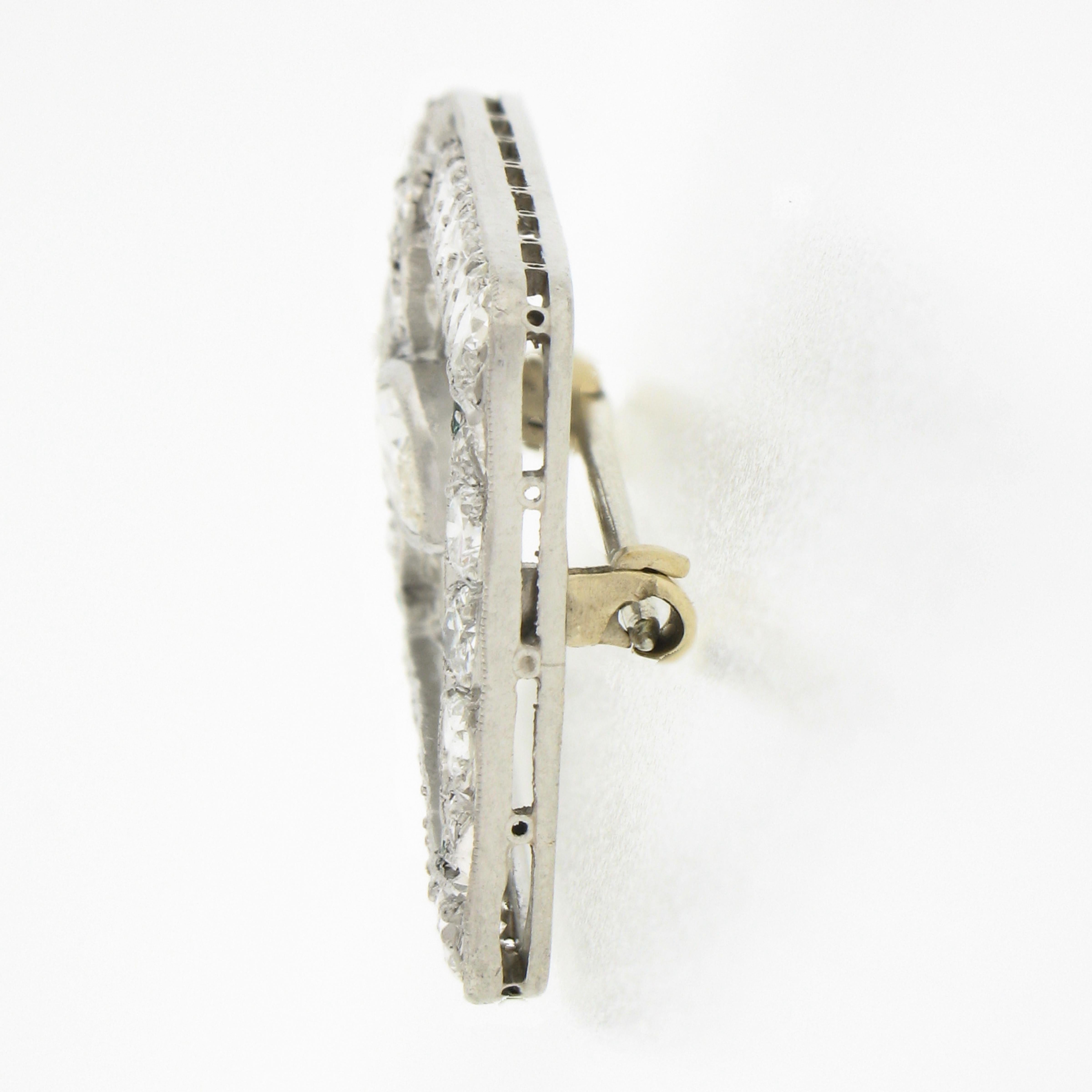 Women's or Men's Antique Art Deco Platinum Old Cut Diamond w/ Emeralds Open Geometric Brooch Pin For Sale