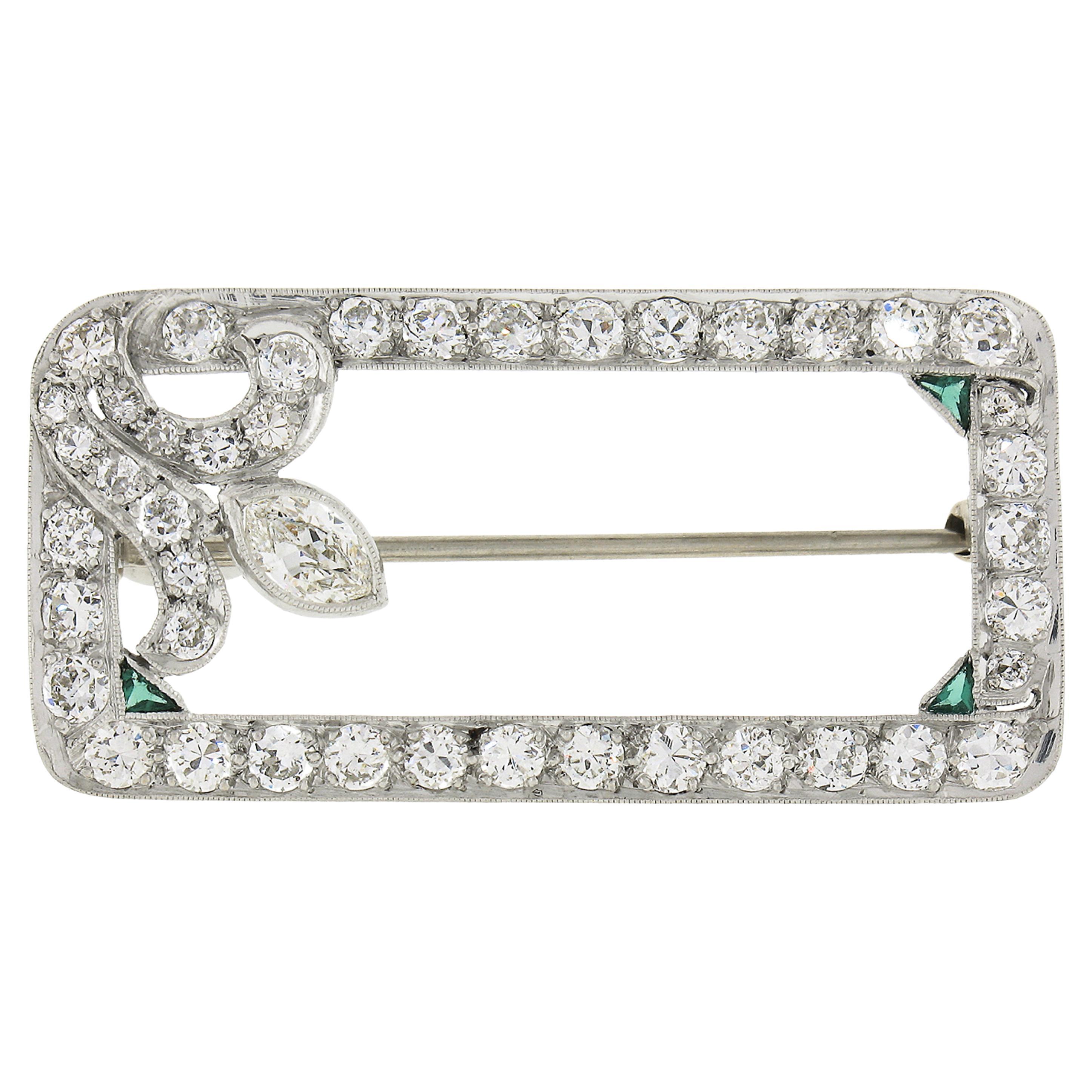 Antique Art Deco Platinum Old Cut Diamond w/ Emeralds Open Geometric Brooch Pin For Sale