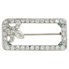 Antike Art Deco Platin Altschliff Diamant mit Smaragden Offene Geometrische Brosche Anstecknadel