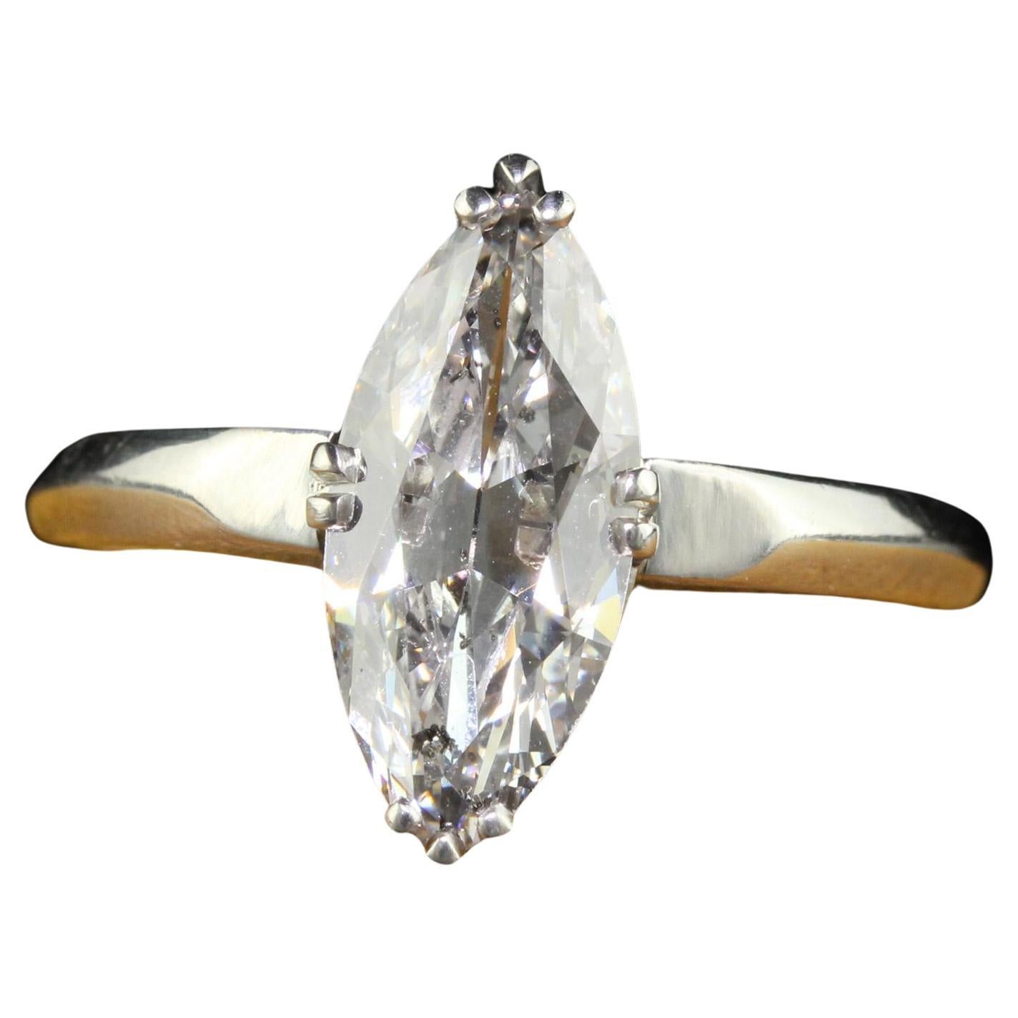 Antique Art Deco Platinum Old Cut Marquise Diamond Engagement Ring - GIA For Sale