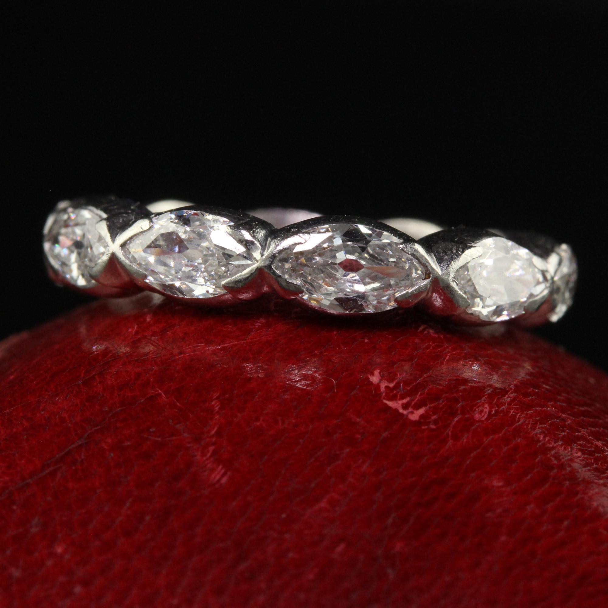 Antique Art Deco Platinum Old Cut Marquise Diamond Eternity Wedding Band In Good Condition For Sale In Great Neck, NY