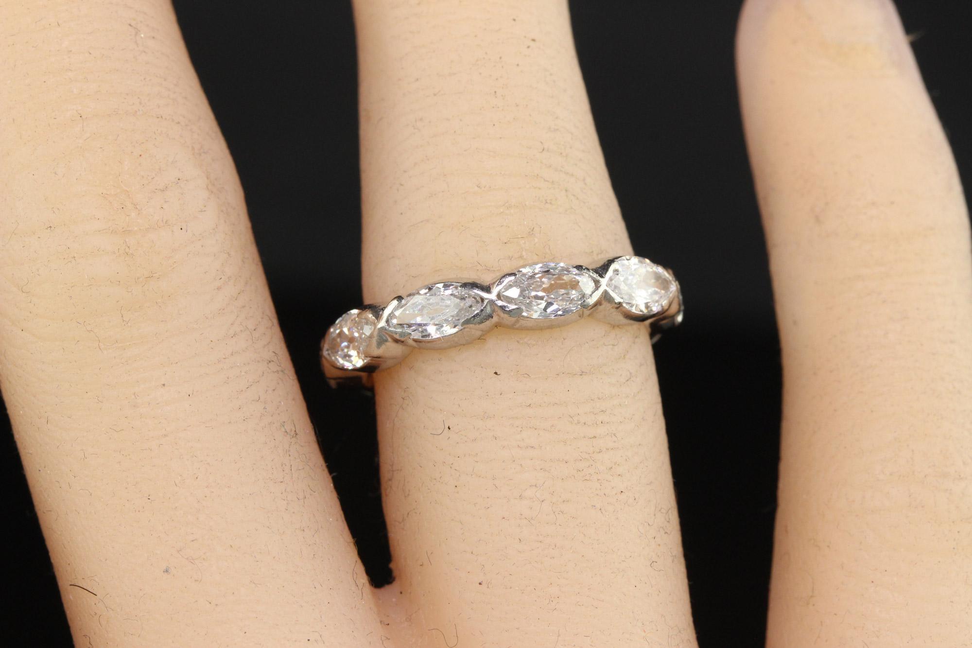 Antique Art Deco Platinum Old Cut Marquise Diamond Eternity Wedding Band For Sale 2