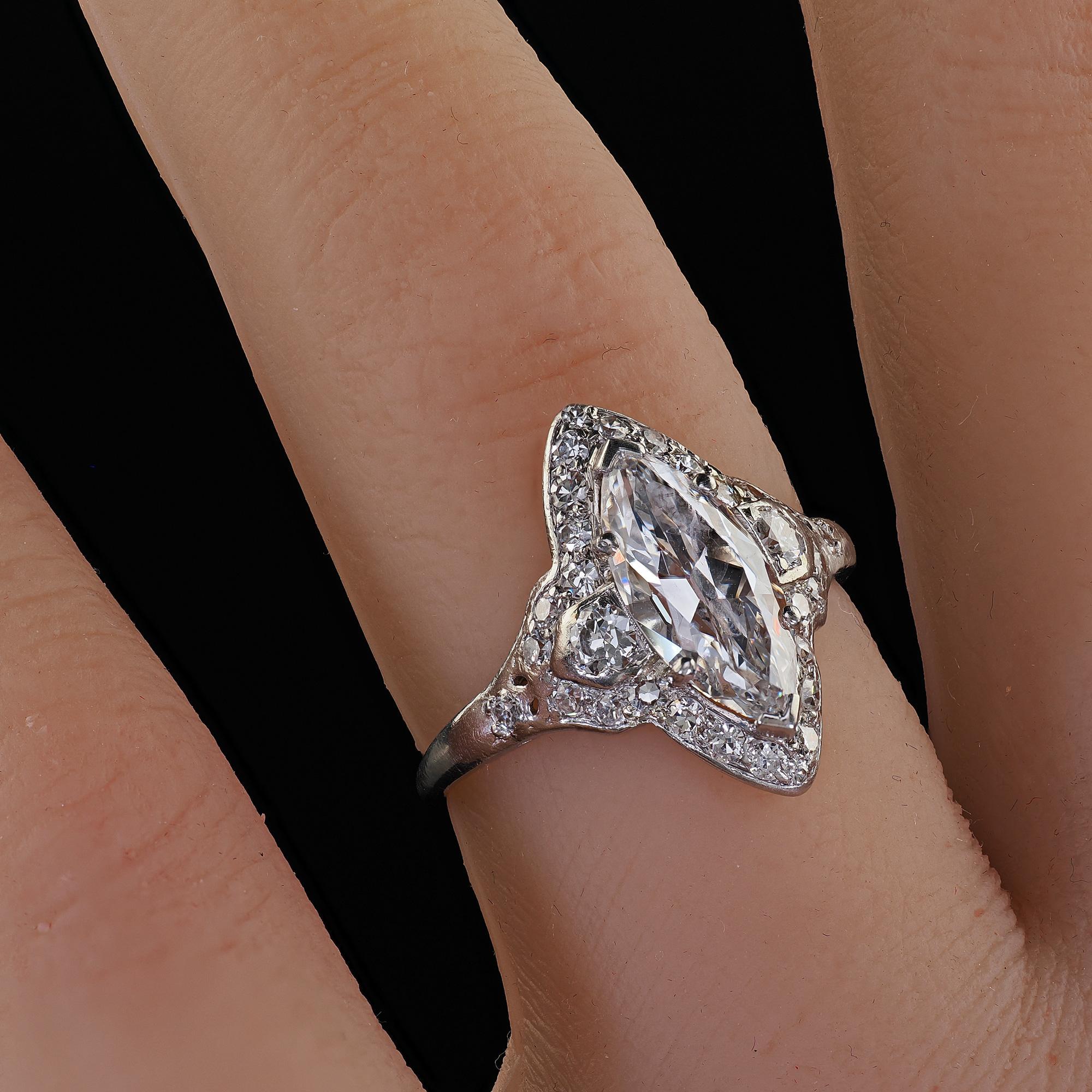 Antique Art Deco Platinum Old Cut Marquise Diamond Halo Engagement Ring - GIA 5