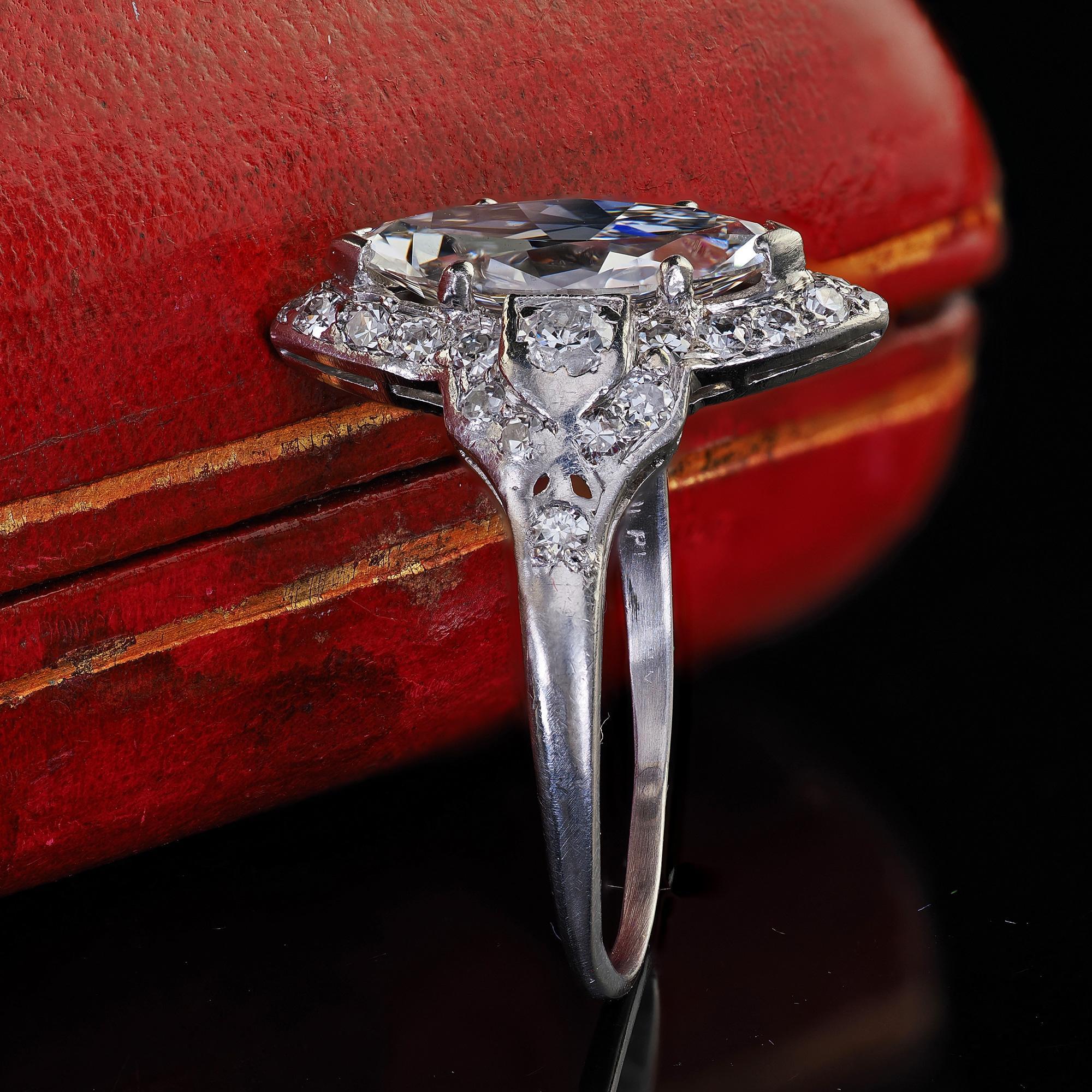 Marquise Cut Antique Art Deco Platinum Old Cut Marquise Diamond Halo Engagement Ring - GIA