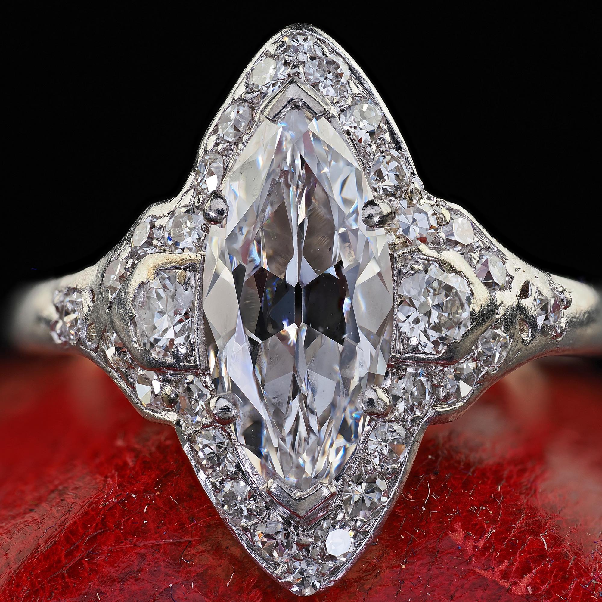 Antique Art Deco Platinum Old Cut Marquise Diamond Halo Engagement Ring - GIA In Good Condition In Great Neck, NY