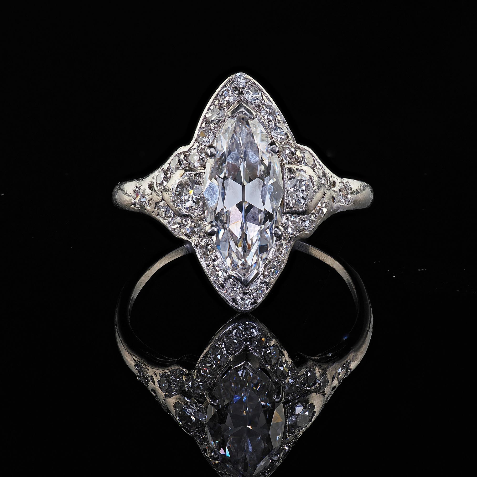 Antique Art Deco Platinum Old Cut Marquise Diamond Halo Engagement Ring - GIA 2