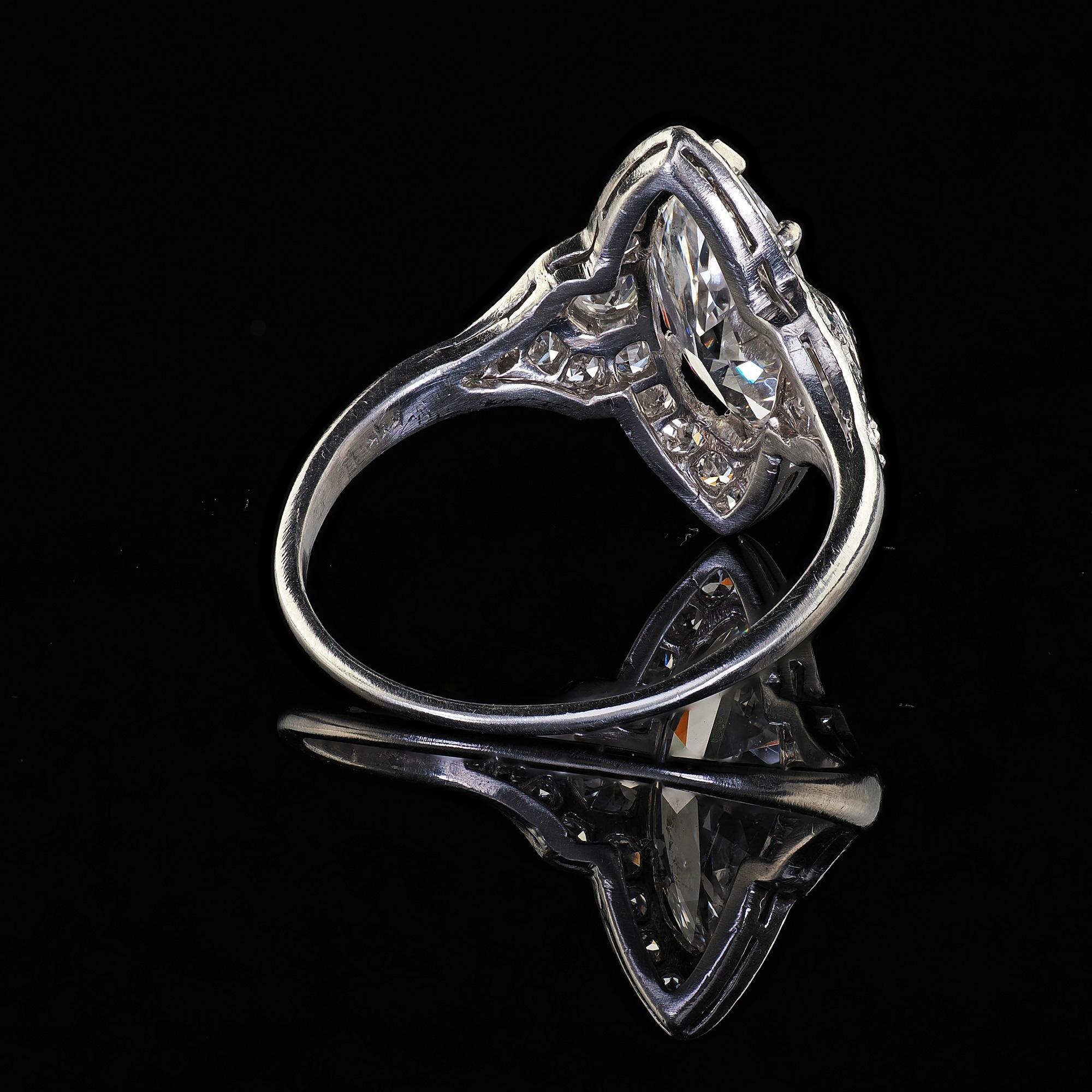Antique Art Deco Platinum Old Cut Marquise Diamond Halo Engagement Ring - GIA 3