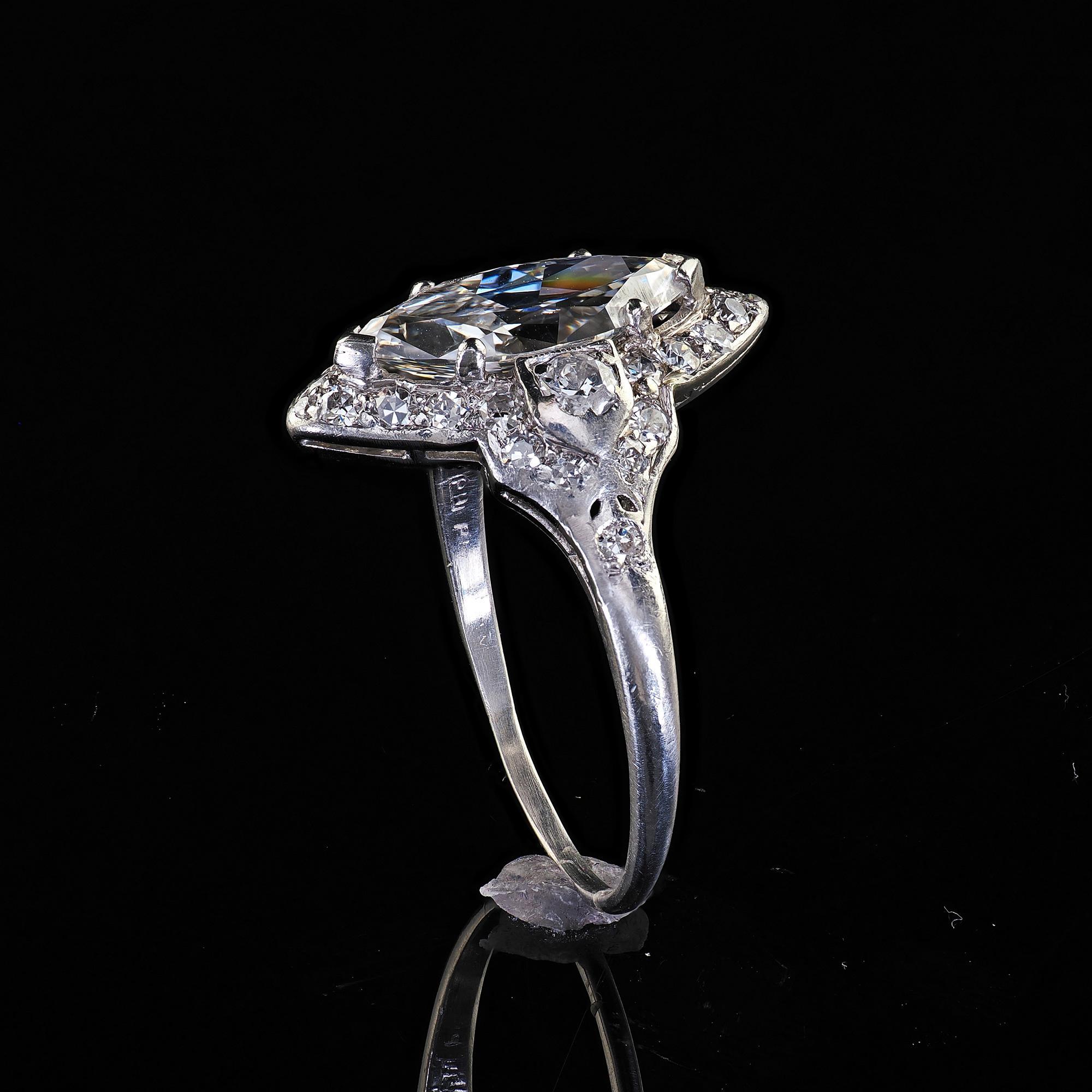Antique Art Deco Platinum Old Cut Marquise Diamond Halo Engagement Ring - GIA 4